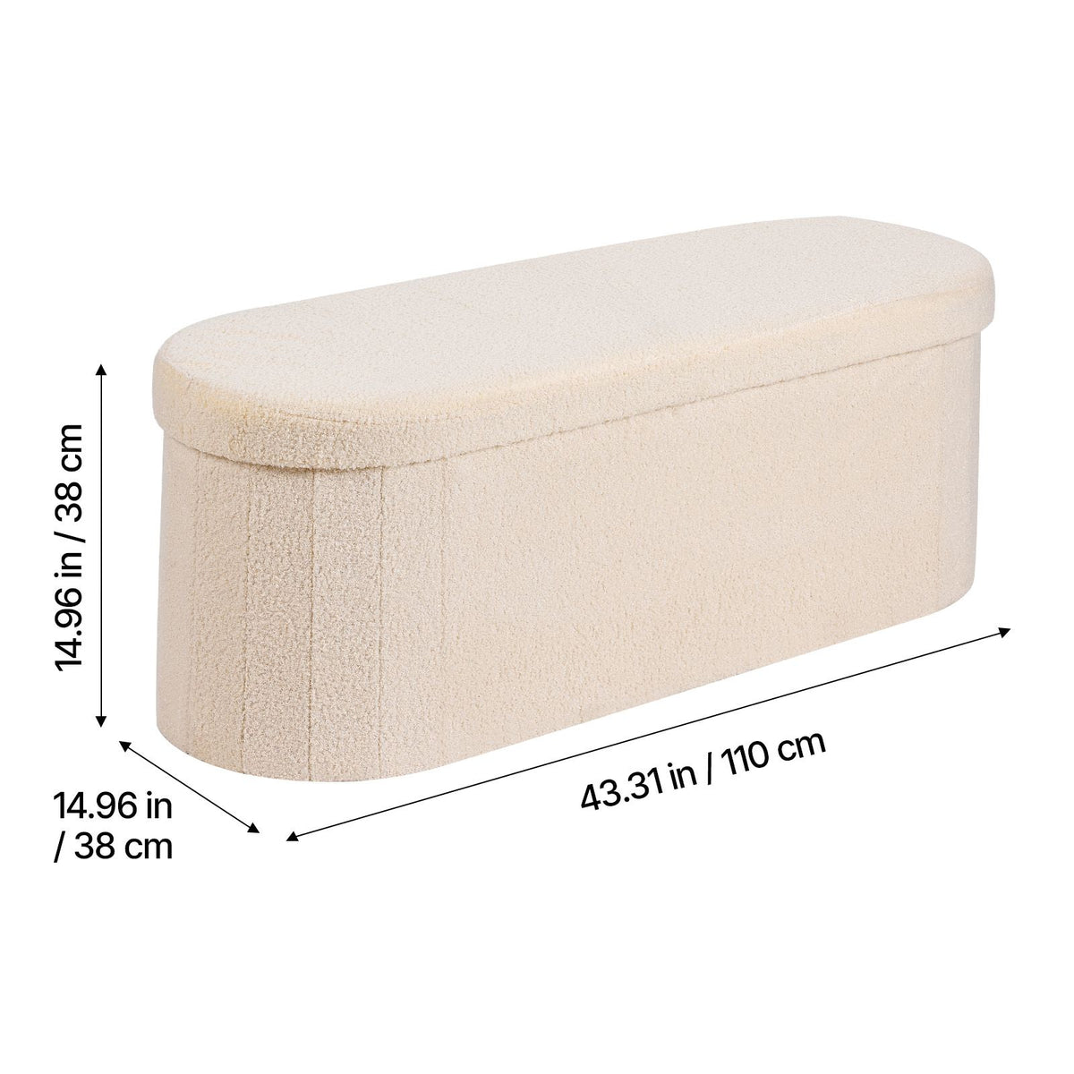 Oval Storage Ottoman Bench, Foldable Teddy Fleece End of Bed Bench, Folding Upholstered Bed Ottoman Chest with Large Storage Space, Supports 660 lbs, for Living Room, Bedroom, Entryway, Beige