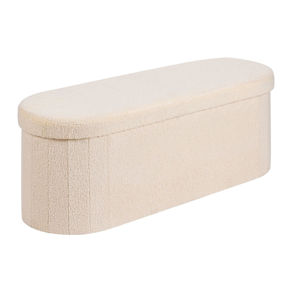 Oval Storage Ottoman Bench, Foldable Teddy Fleece End of Bed Bench, Folding Upholstered Bed Ottoman Chest with Large Storage Space, Supports 660 lbs, for Living Room, Bedroom, Entryway, Beige