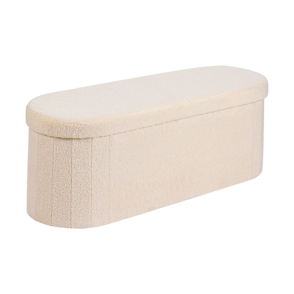 Oval Storage Ottoman Bench, Foldable Teddy Fleece End of Bed Bench, Folding Upholstered Bed Ottoman Chest with Large Storage Space, Supports 660 lbs, for Living Room, Bedroom, Entryway, Beige