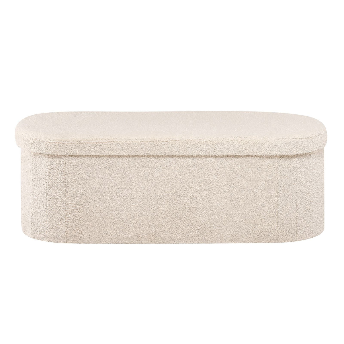 Oval Storage Ottoman Bench, Foldable Teddy Fleece End of Bed Bench, Folding Upholstered Bed Ottoman Chest with Large Storage Space, Supports 660 lbs, for Living Room, Bedroom, Entryway, Beige