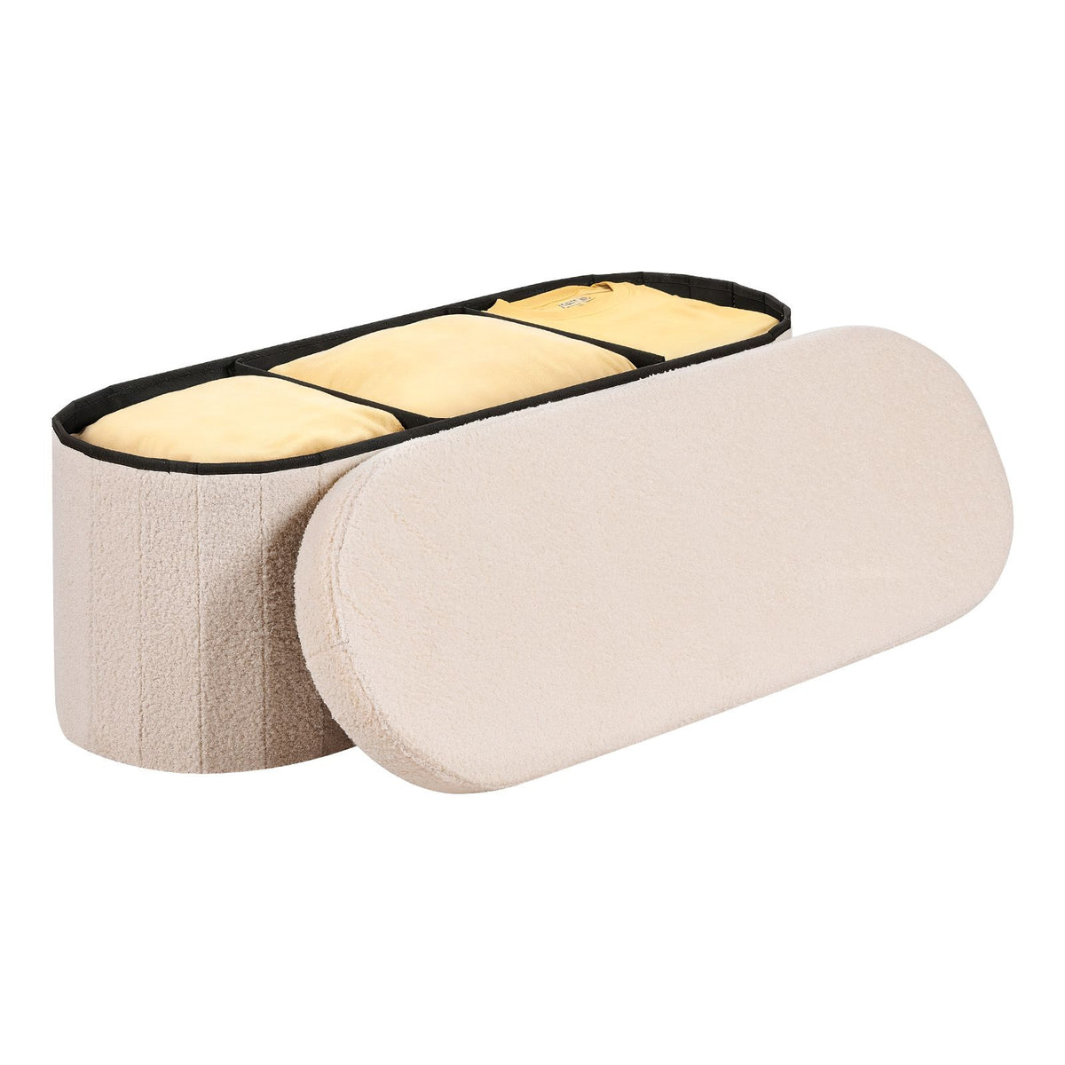 Oval Storage Ottoman Bench, Foldable Teddy Fleece End of Bed Bench, Folding Upholstered Bed Ottoman Chest with Large Storage Space, Supports 660 lbs, for Living Room, Bedroom, Entryway, Beige