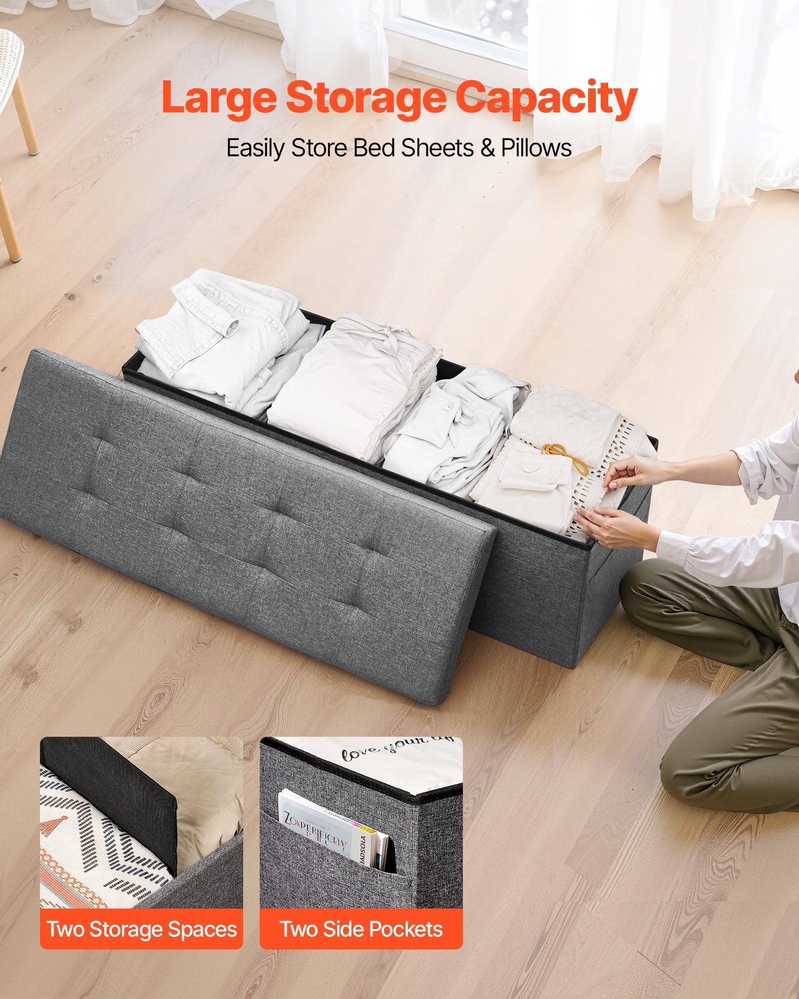 Beds & Bed Frames: VEVOR Foldable Storage Ottoman Bench, End of Bed Bench with Side Bags, Folding Upholstered Storage Chest Supports 660 lbs, Linen Bed Ottoman with Large Space for Living Room, Bedroom, Entryway, Grey