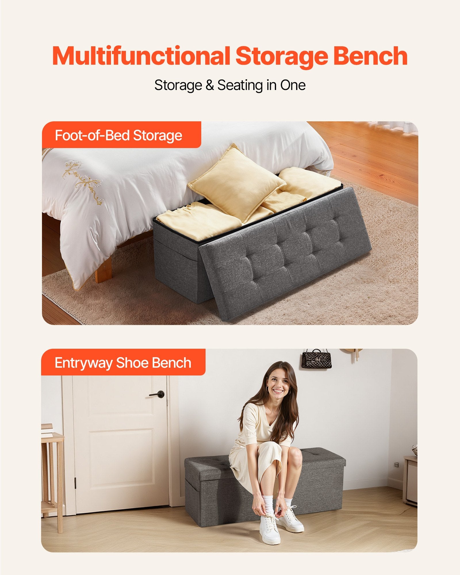 Beds & Bed Frames: VEVOR Foldable Storage Ottoman Bench, End of Bed Bench with Side Bags, Folding Upholstered Storage Chest Supports 660 lbs, Linen Bed Ottoman with Large Space for Living Room, Bedroom, Entryway, Grey