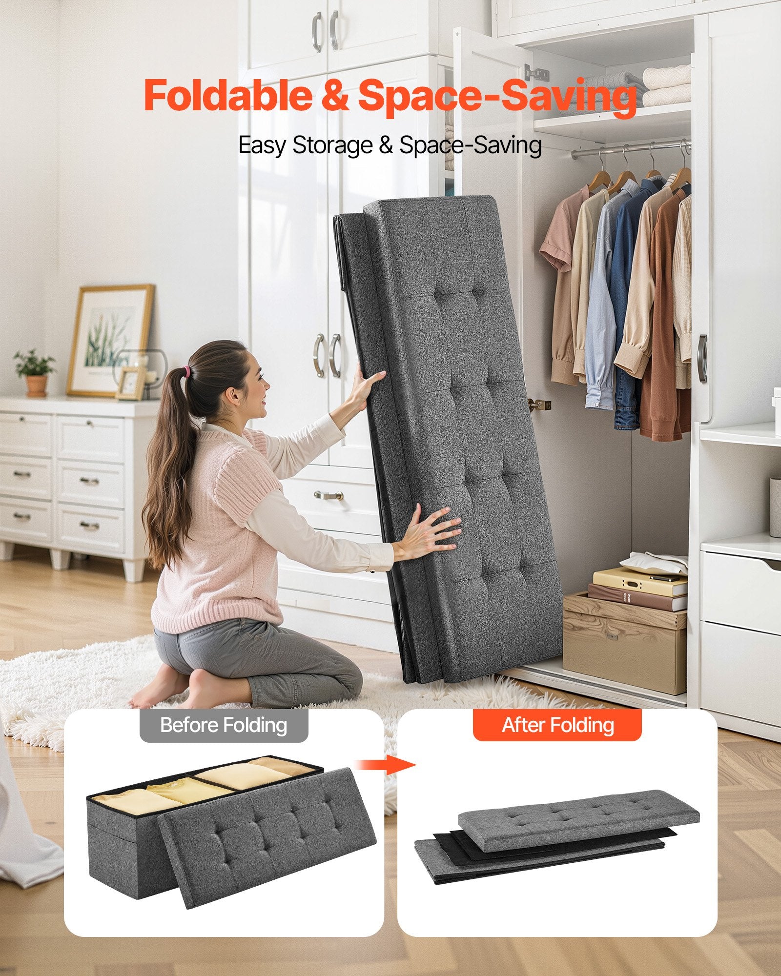 Beds & Bed Frames: VEVOR Foldable Storage Ottoman Bench, End of Bed Bench with Side Bags, Folding Upholstered Storage Chest Supports 660 lbs, Linen Bed Ottoman with Large Space for Living Room, Bedroom, Entryway, Grey