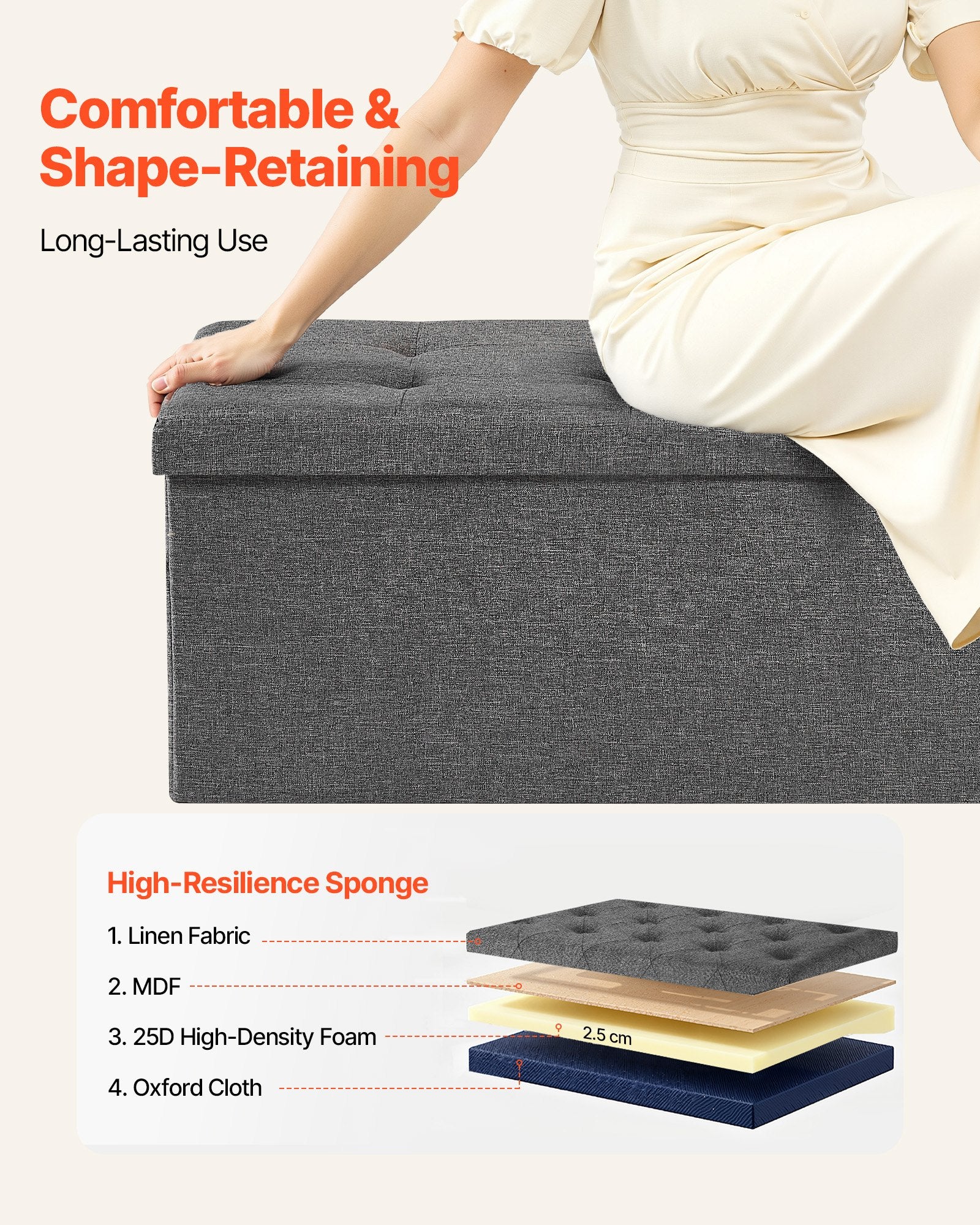 Beds & Bed Frames: VEVOR Foldable Storage Ottoman Bench, End of Bed Bench with Side Bags, Folding Upholstered Storage Chest Supports 660 lbs, Linen Bed Ottoman with Large Space for Living Room, Bedroom, Entryway, Grey