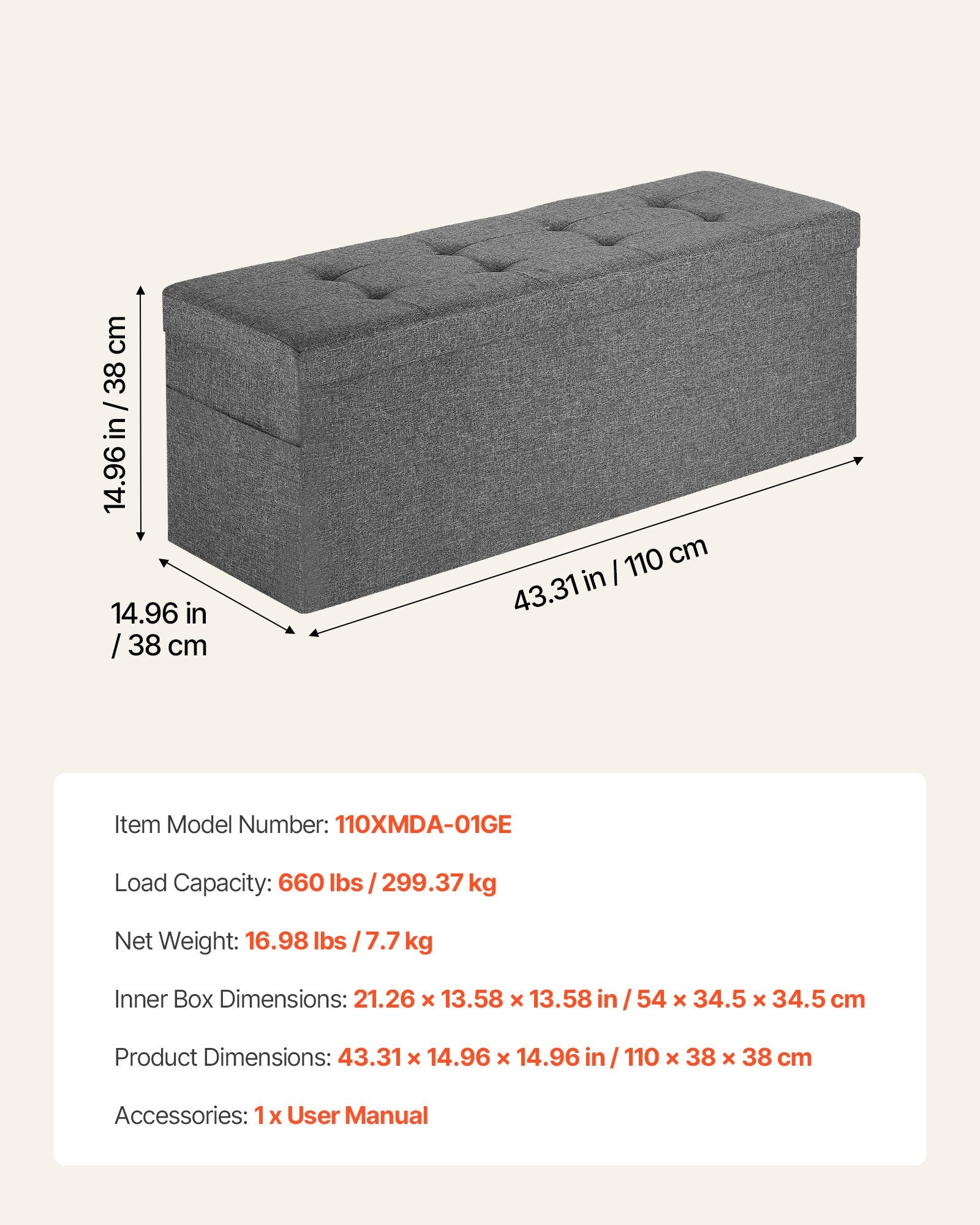 Beds & Bed Frames: VEVOR Foldable Storage Ottoman Bench, End of Bed Bench with Side Bags, Folding Upholstered Storage Chest Supports 660 lbs, Linen Bed Ottoman with Large Space for Living Room, Bedroom, Entryway, Grey