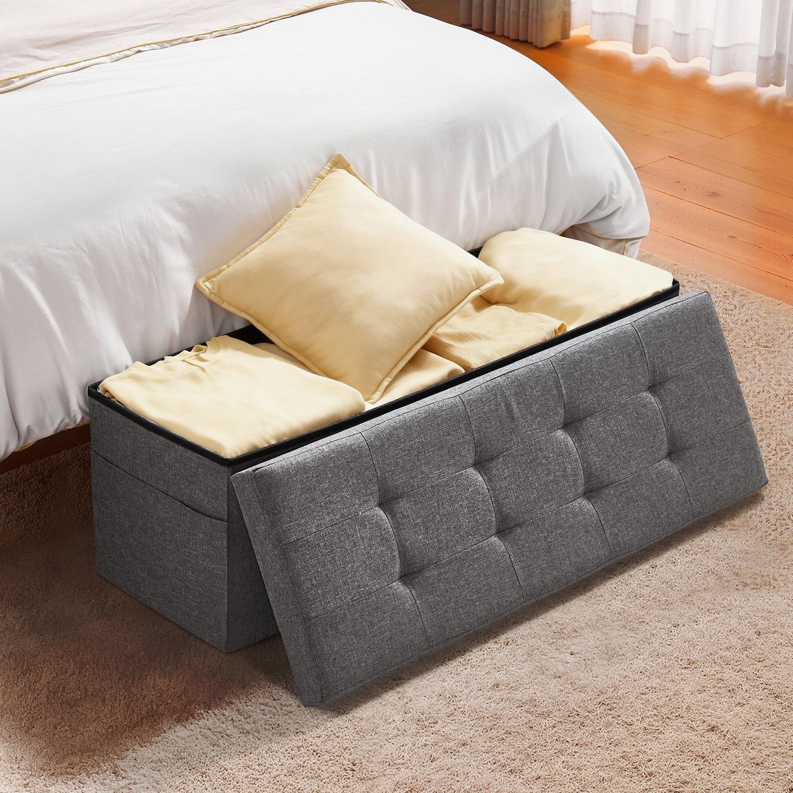 Beds & Bed Frames: VEVOR Foldable Storage Ottoman Bench, End of Bed Bench with Side Bags, Folding Upholstered Storage Chest Supports 660 lbs, Linen Bed Ottoman with Large Space for Living Room, Bedroom, Entryway, Grey