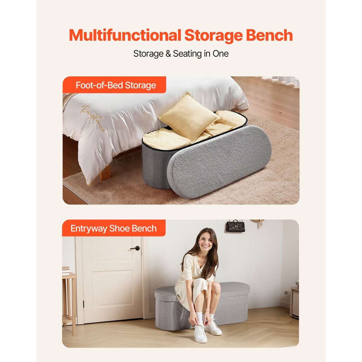 Oval Storage Ottoman Bench, Foldable Teddy Fleece End of Bed Bench, Folding Upholstered Bed Ottoman Chest with Large Storage Space, Supports 660 lbs, for Living Room, Bedroom, Entryway, Grey