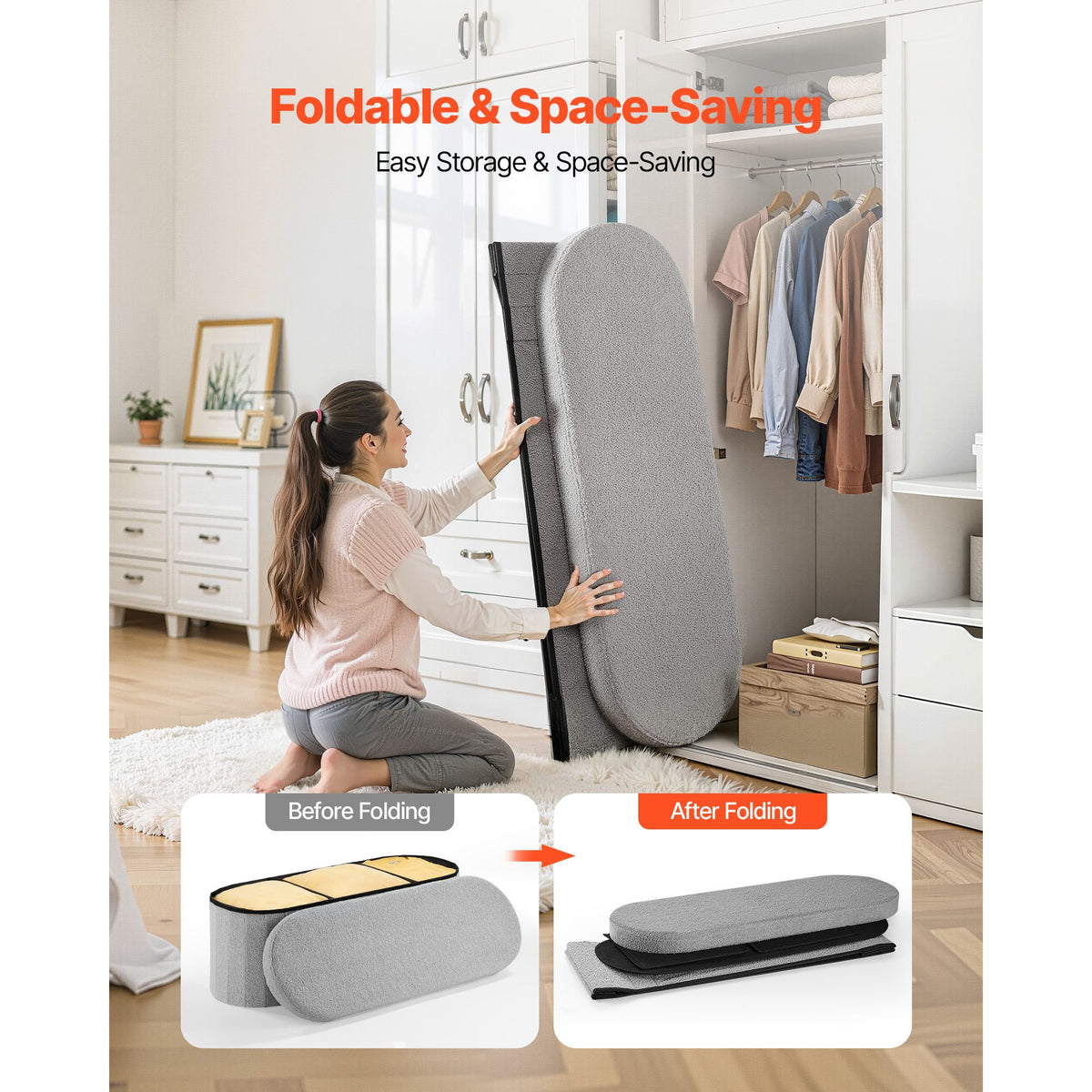 Oval Storage Ottoman Bench, Foldable Teddy Fleece End of Bed Bench, Folding Upholstered Bed Ottoman Chest with Large Storage Space, Supports 660 lbs, for Living Room, Bedroom, Entryway, Grey