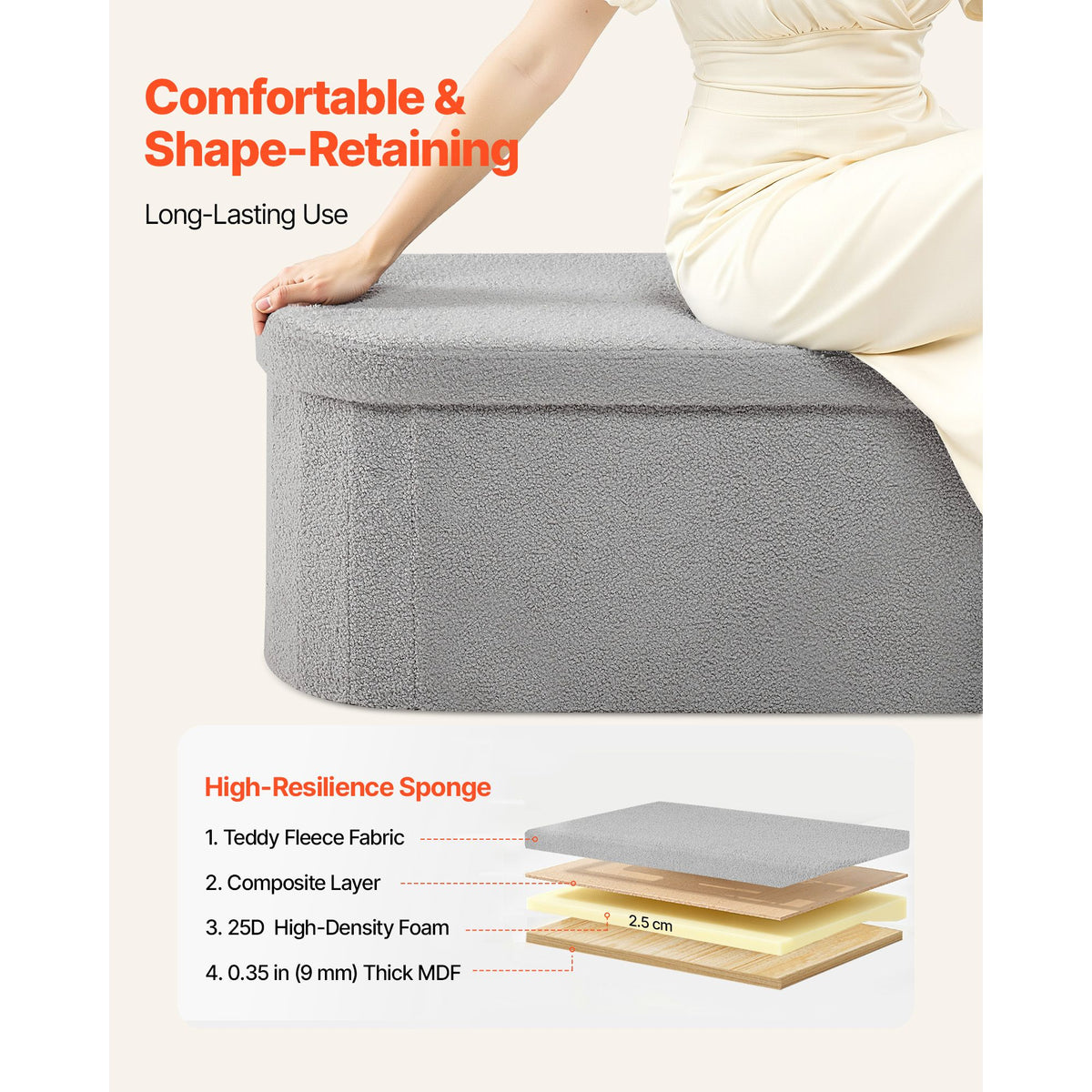 Oval Storage Ottoman Bench, Foldable Teddy Fleece End of Bed Bench, Folding Upholstered Bed Ottoman Chest with Large Storage Space, Supports 660 lbs, for Living Room, Bedroom, Entryway, Grey