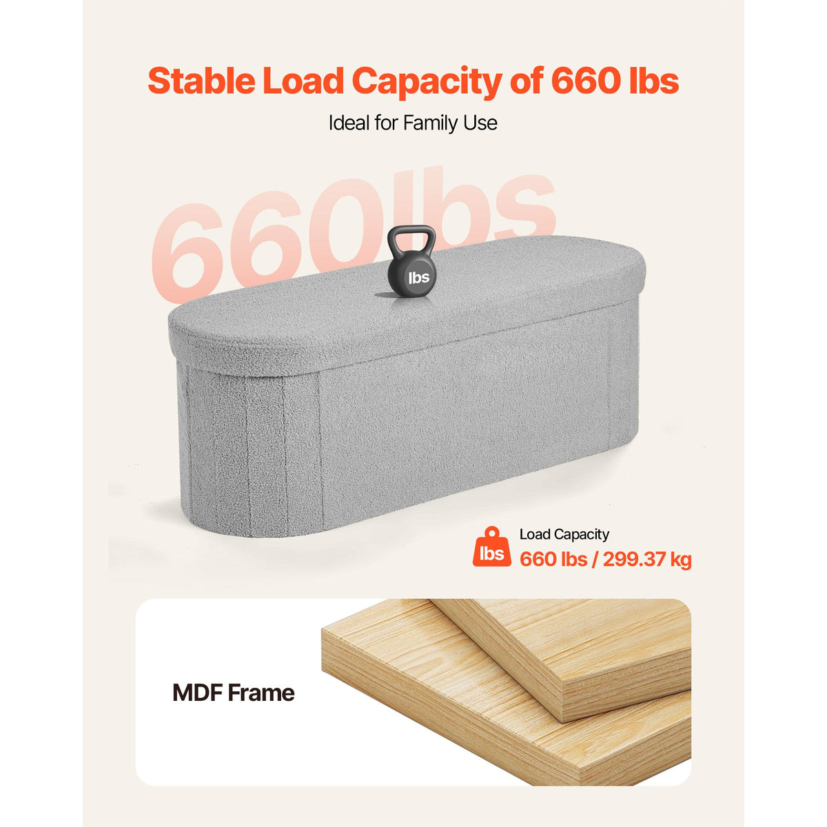 Oval Storage Ottoman Bench, Foldable Teddy Fleece End of Bed Bench, Folding Upholstered Bed Ottoman Chest with Large Storage Space, Supports 660 lbs, for Living Room, Bedroom, Entryway, Grey