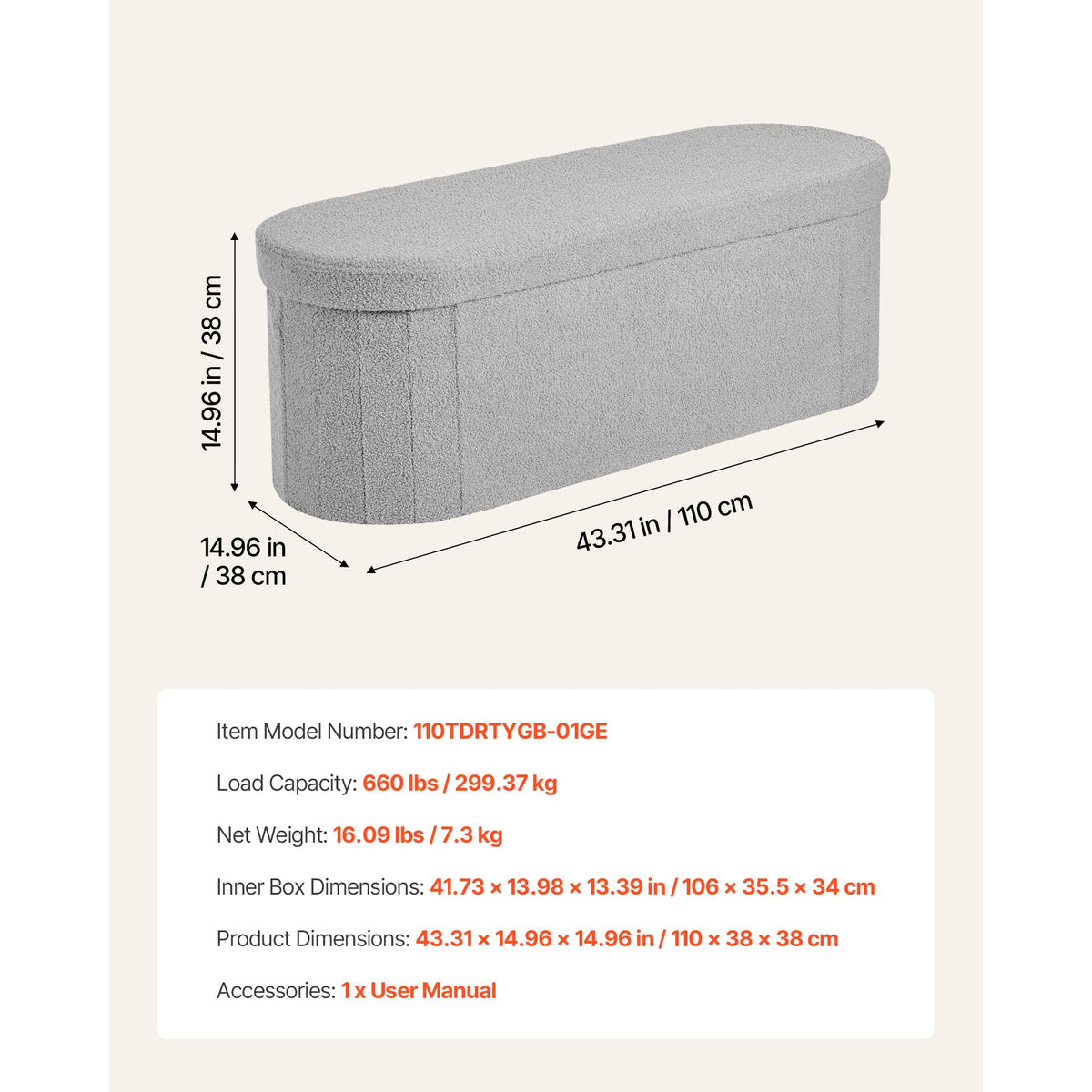 Oval Storage Ottoman Bench, Foldable Teddy Fleece End of Bed Bench, Folding Upholstered Bed Ottoman Chest with Large Storage Space, Supports 660 lbs, for Living Room, Bedroom, Entryway, Grey