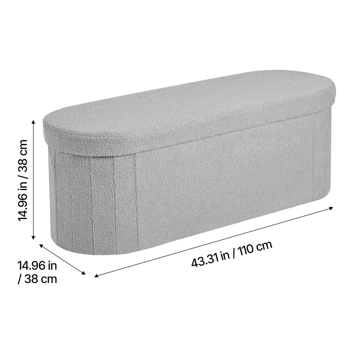 Oval Storage Ottoman Bench, Foldable Teddy Fleece End of Bed Bench, Folding Upholstered Bed Ottoman Chest with Large Storage Space, Supports 660 lbs, for Living Room, Bedroom, Entryway, Grey