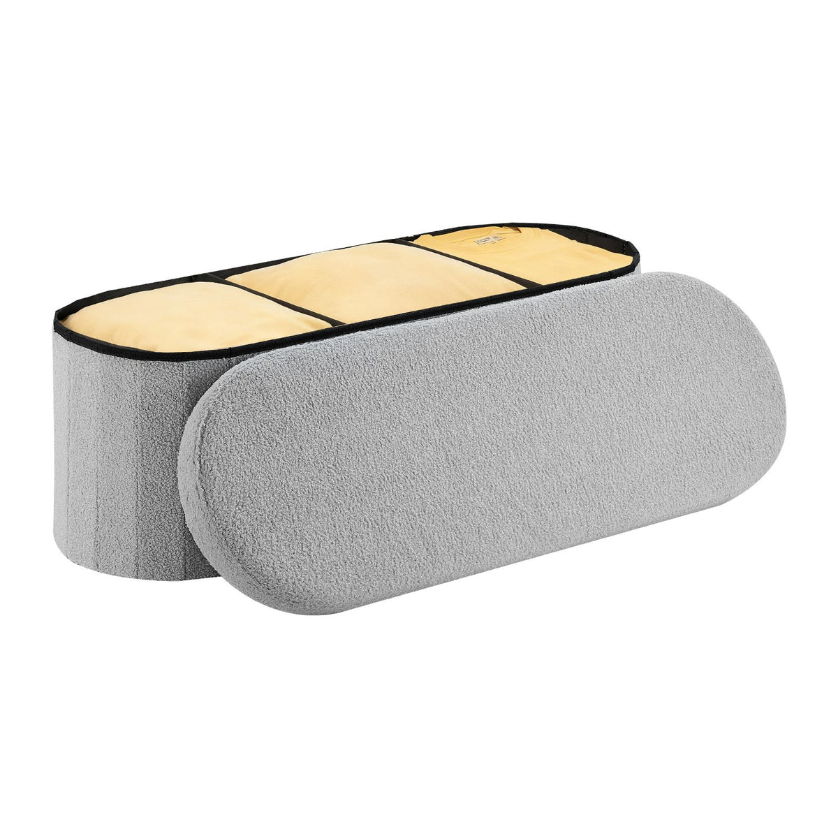 Oval Storage Ottoman Bench, Foldable Teddy Fleece End of Bed Bench, Folding Upholstered Bed Ottoman Chest with Large Storage Space, Supports 660 lbs, for Living Room, Bedroom, Entryway, Grey
