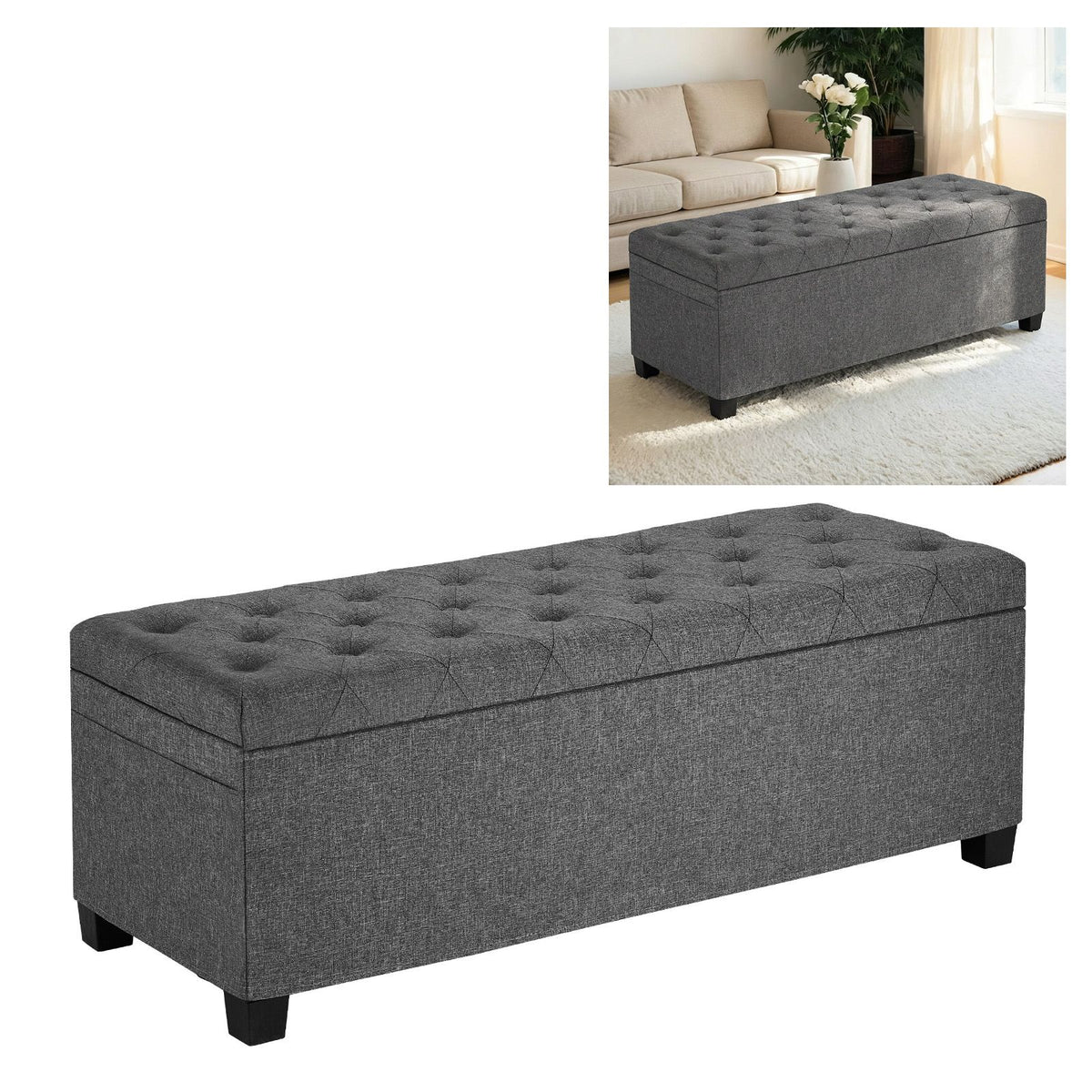 Storage Ottoman Bench, Button-Tufted End of Bed Bench with Side Bags, Flip-up Upholstered Storage Chest with Metal Frame, Linen Bed Ottoman for Living Room, Bedroom, Entryway, Office, Grey