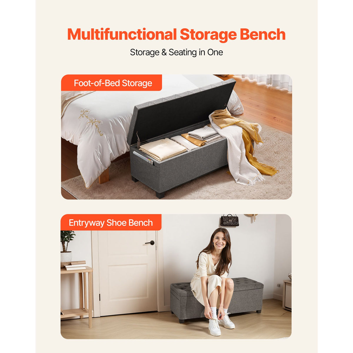 Storage Ottoman Bench, Button-Tufted End of Bed Bench with Side Bags, Flip-up Upholstered Storage Chest with Metal Frame, Linen Bed Ottoman for Living Room, Bedroom, Entryway, Office, Grey