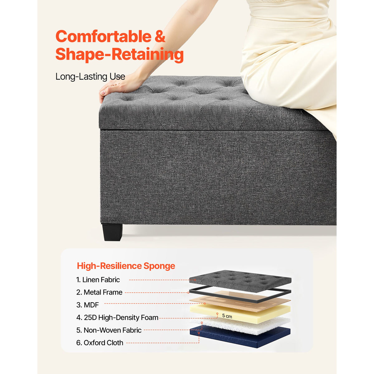 Storage Ottoman Bench, Button-Tufted End of Bed Bench with Side Bags, Flip-up Upholstered Storage Chest with Metal Frame, Linen Bed Ottoman for Living Room, Bedroom, Entryway, Office, Grey