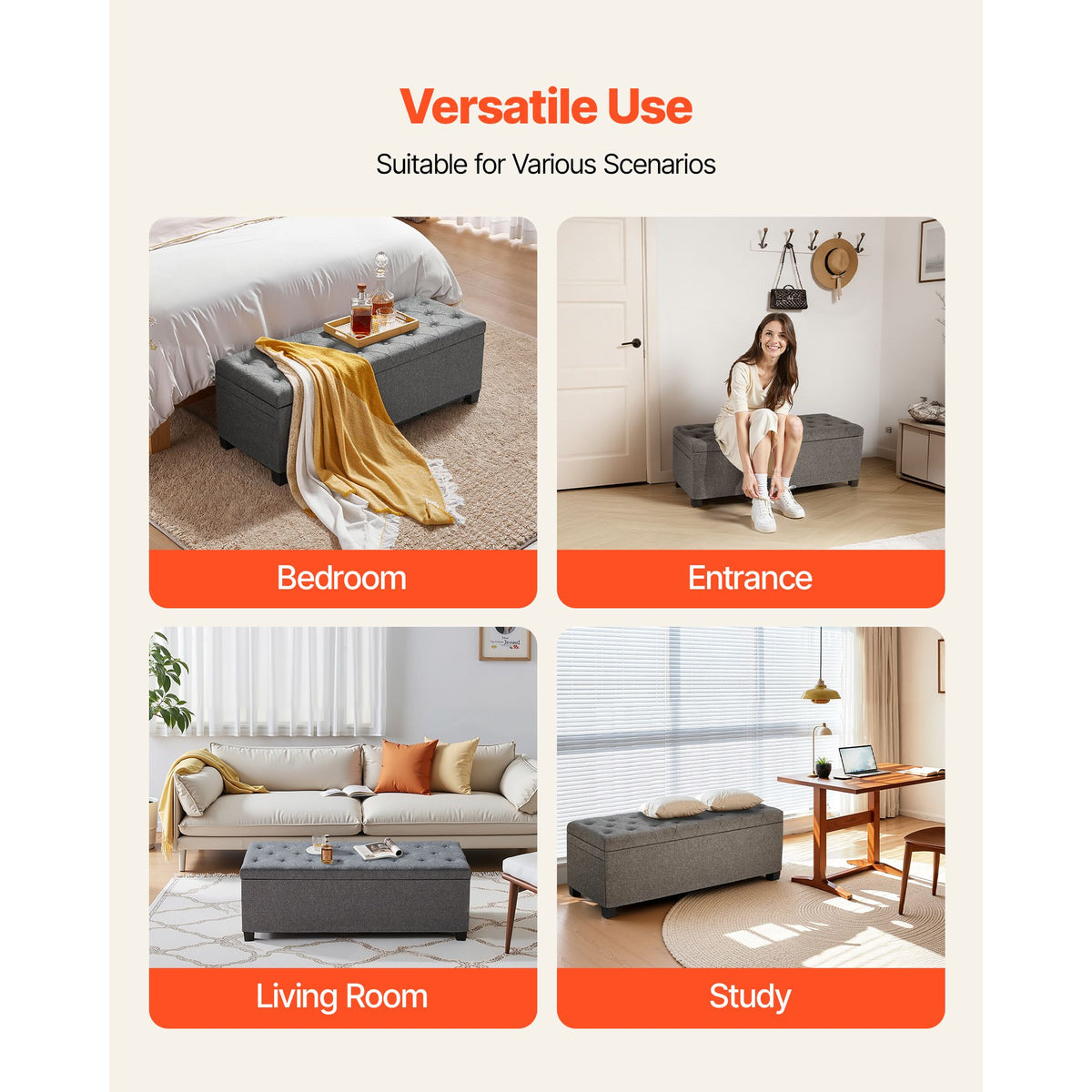 Storage Ottoman Bench, Button-Tufted End of Bed Bench with Side Bags, Flip-up Upholstered Storage Chest with Metal Frame, Linen Bed Ottoman for Living Room, Bedroom, Entryway, Office, Grey