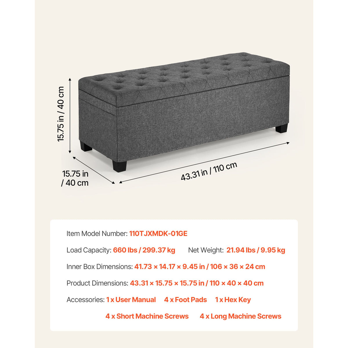 Storage Ottoman Bench, Button-Tufted End of Bed Bench with Side Bags, Flip-up Upholstered Storage Chest with Metal Frame, Linen Bed Ottoman for Living Room, Bedroom, Entryway, Office, Grey