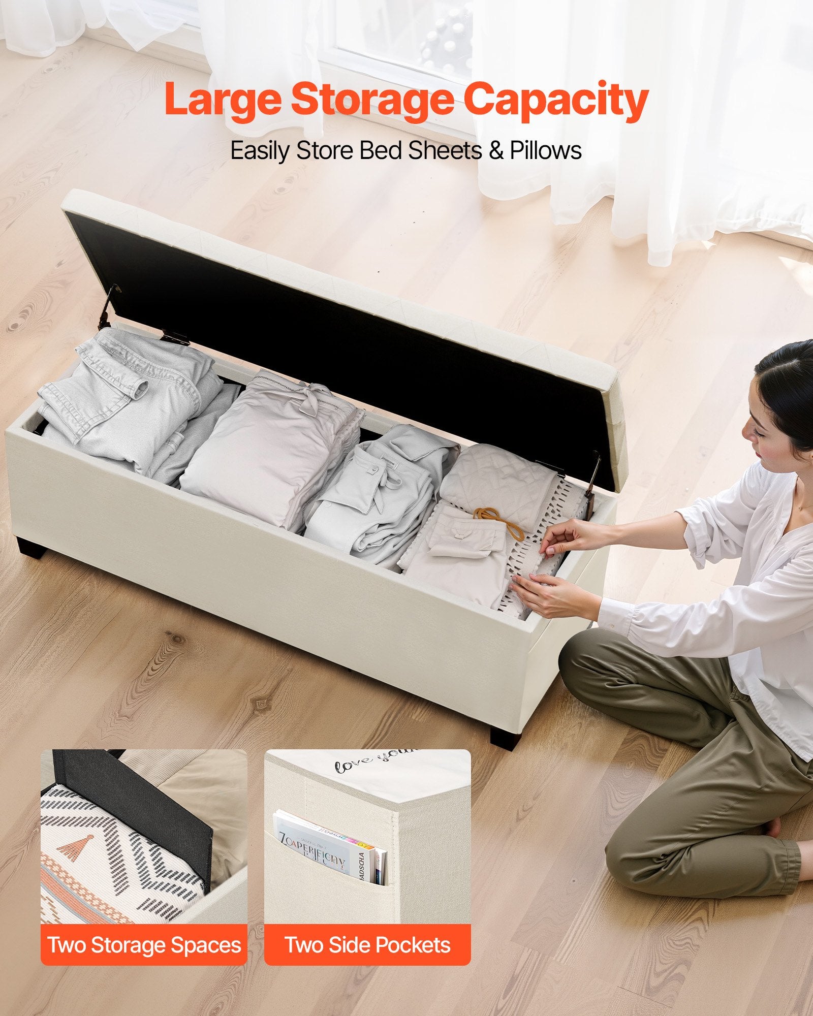 Beds & Bed Frames: VEVOR Storage Ottoman Bench, Button-Tufted End of Bed Bench with Side Bags, Flip-up Upholstered Storage Chest with Metal Frame, Linen Bed Ottoman for Living Room, Bedroom, Entryway, Office, Beige