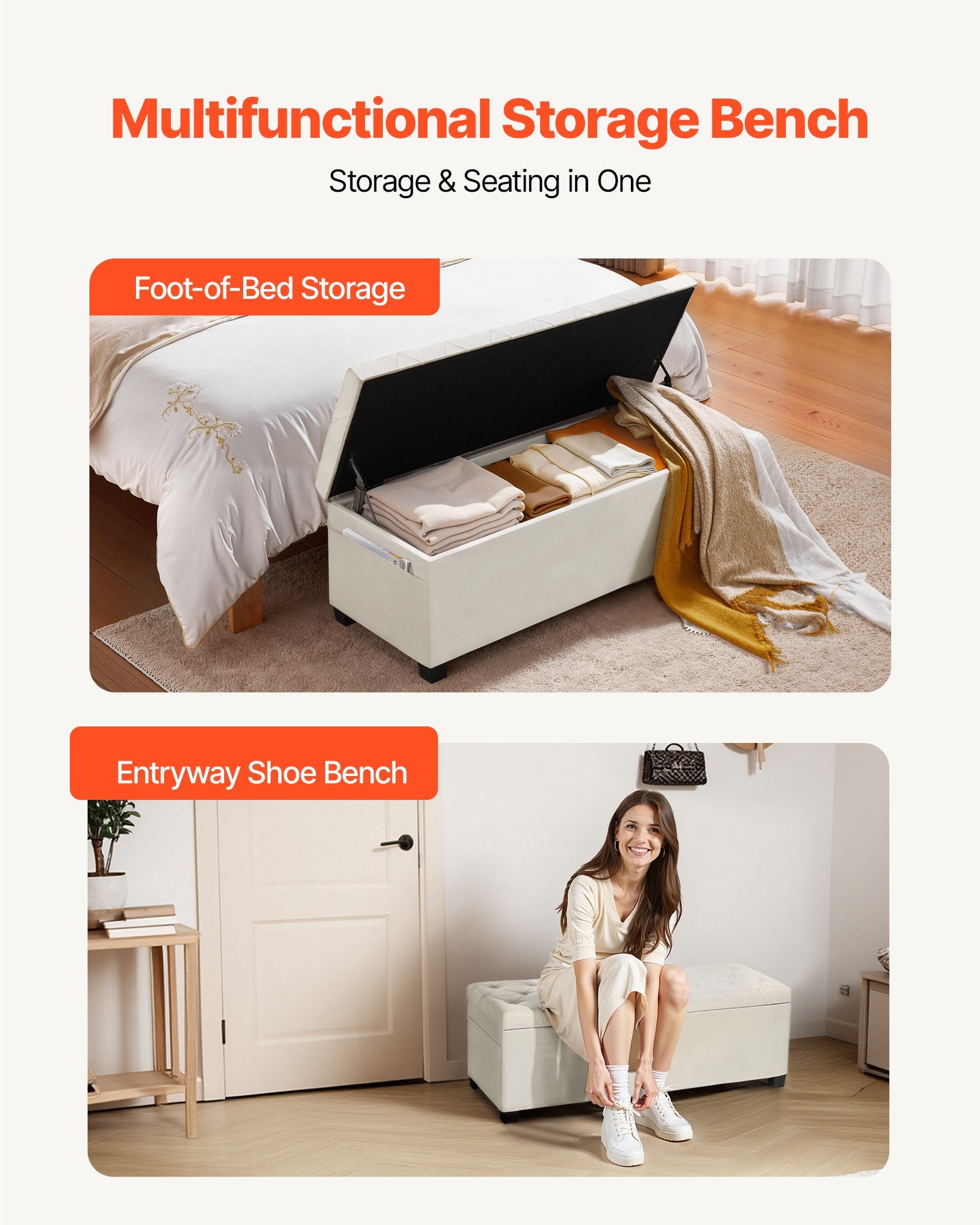 Beds & Bed Frames: VEVOR Storage Ottoman Bench, Button-Tufted End of Bed Bench with Side Bags, Flip-up Upholstered Storage Chest with Metal Frame, Linen Bed Ottoman for Living Room, Bedroom, Entryway, Office, Beige