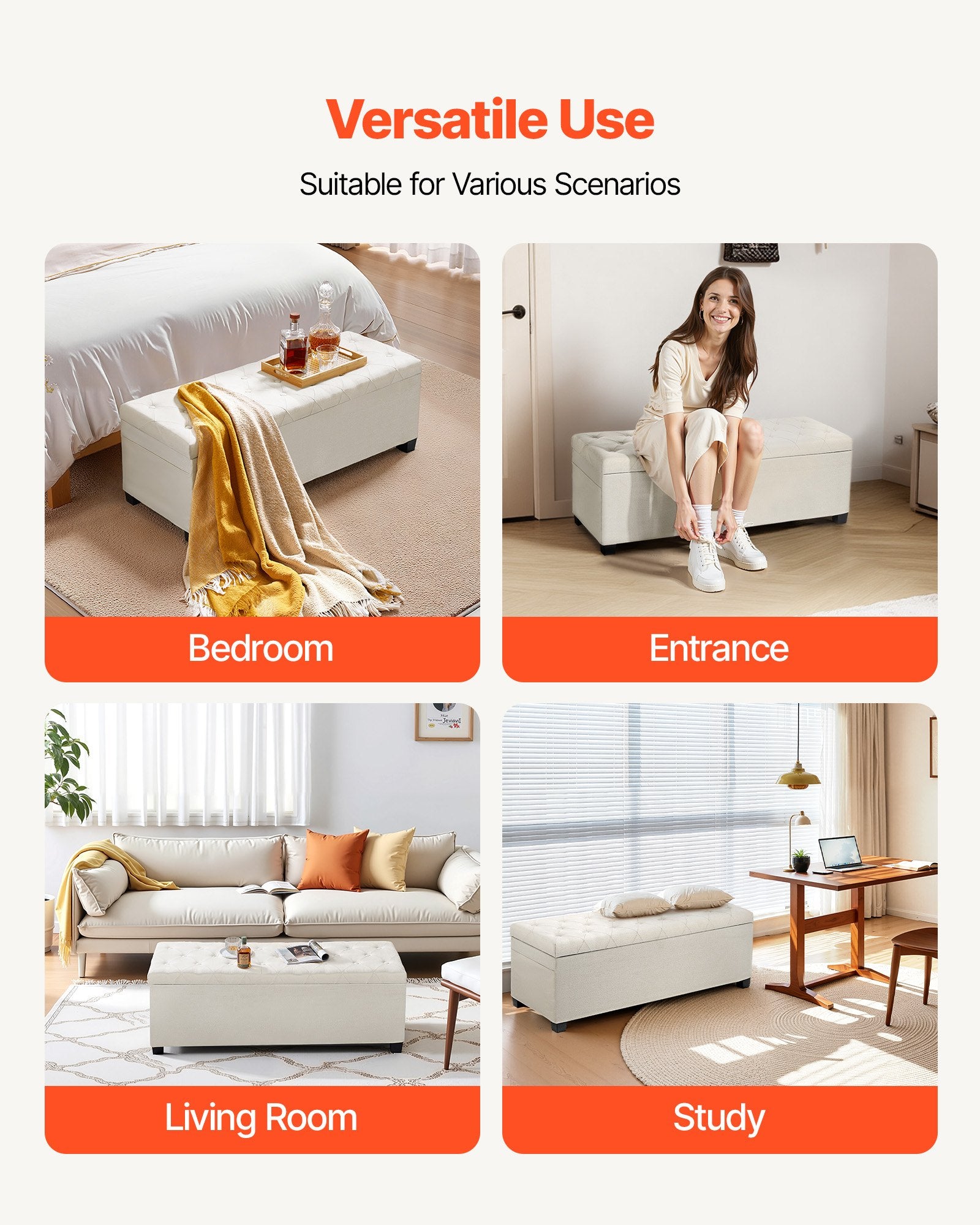 Beds & Bed Frames: VEVOR Storage Ottoman Bench, Button-Tufted End of Bed Bench with Side Bags, Flip-up Upholstered Storage Chest with Metal Frame, Linen Bed Ottoman for Living Room, Bedroom, Entryway, Office, Beige