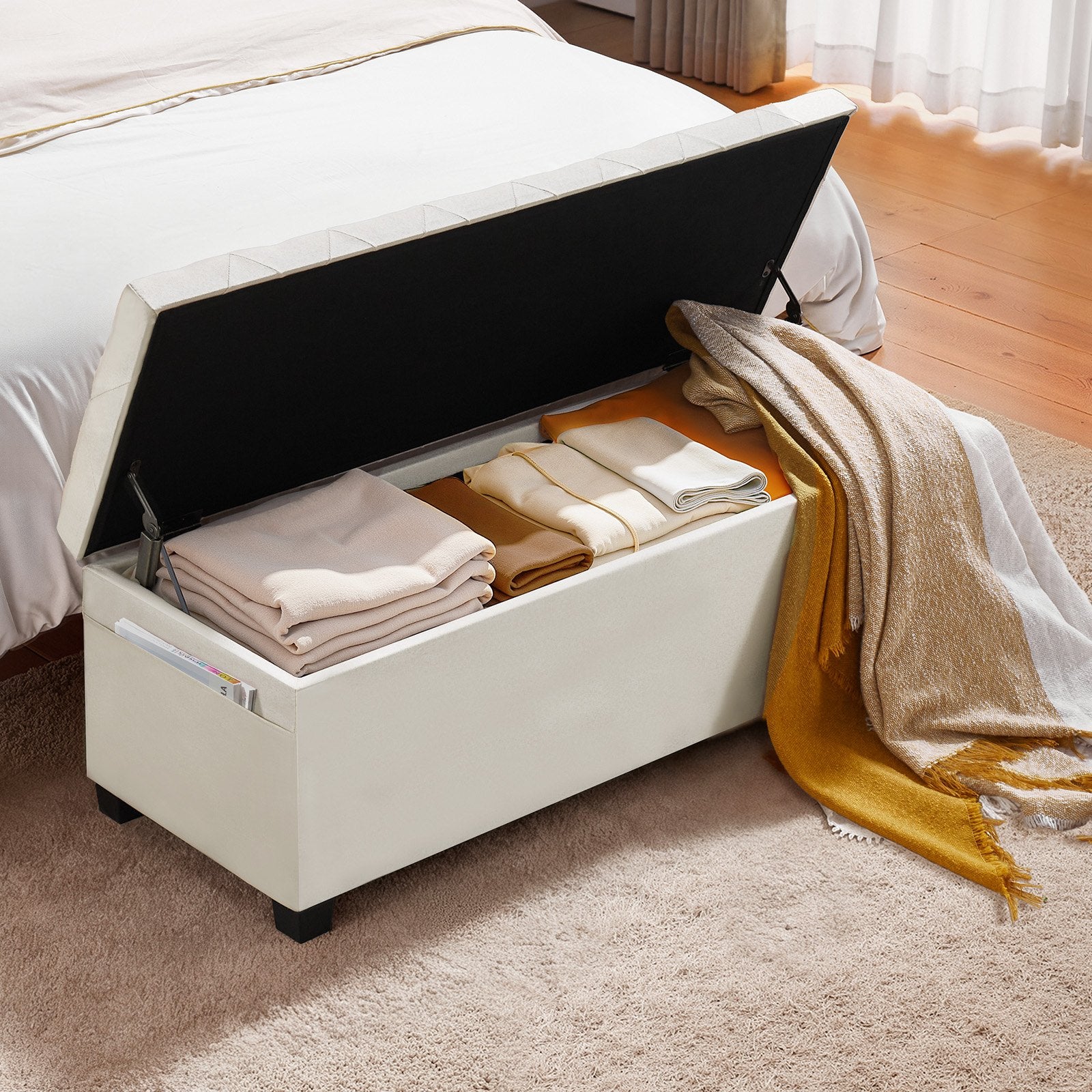 Beds & Bed Frames: VEVOR Storage Ottoman Bench, Button-Tufted End of Bed Bench with Side Bags, Flip-up Upholstered Storage Chest with Metal Frame, Linen Bed Ottoman for Living Room, Bedroom, Entryway, Office, Beige