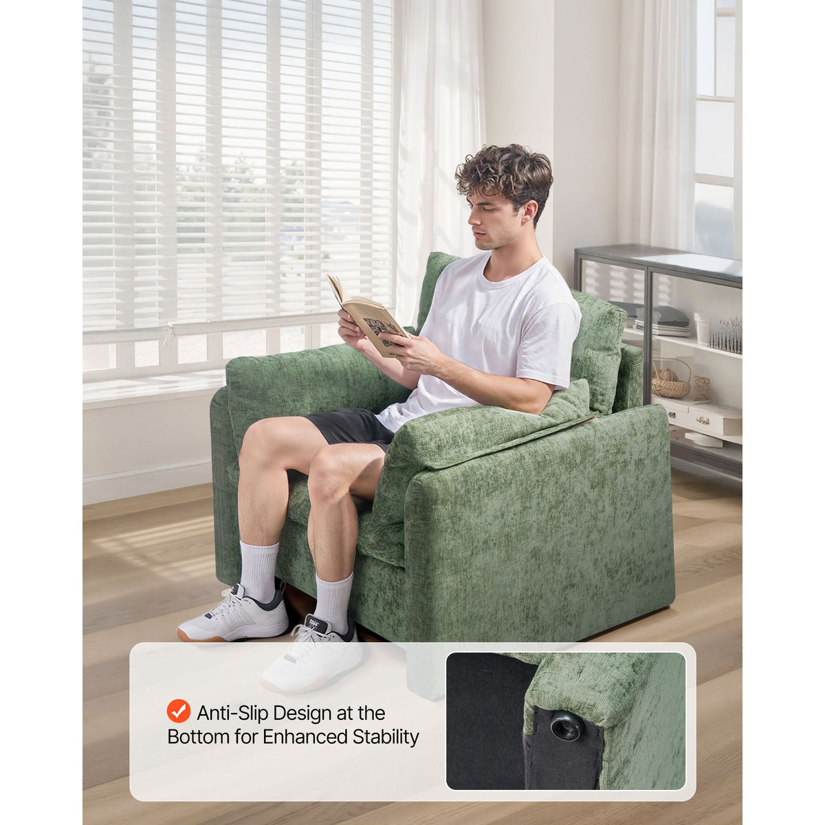 Green Accent Chair, Modern Upholstered Accent Chair with Armrests, Cloth Arm Chairs with Thick Cushion and Arched Backrest, Single Fabric Armchair for Living Room, Bedroom, Study, Office