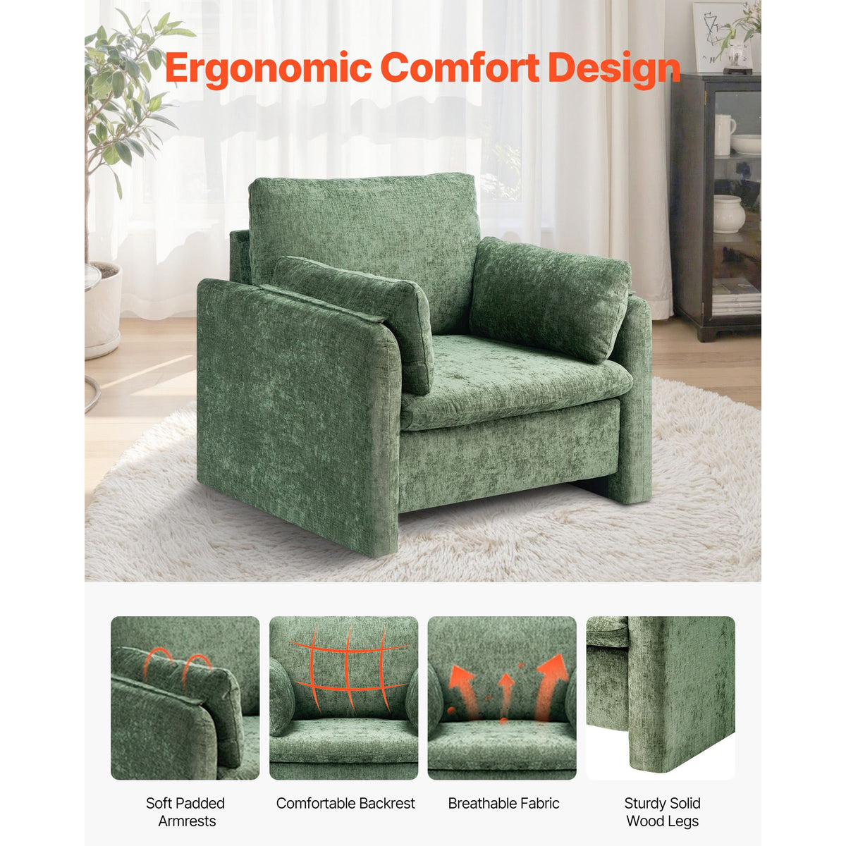 Green Accent Chair, Modern Upholstered Accent Chair with Armrests, Cloth Arm Chairs with Thick Cushion and Arched Backrest, Single Fabric Armchair for Living Room, Bedroom, Study, Office
