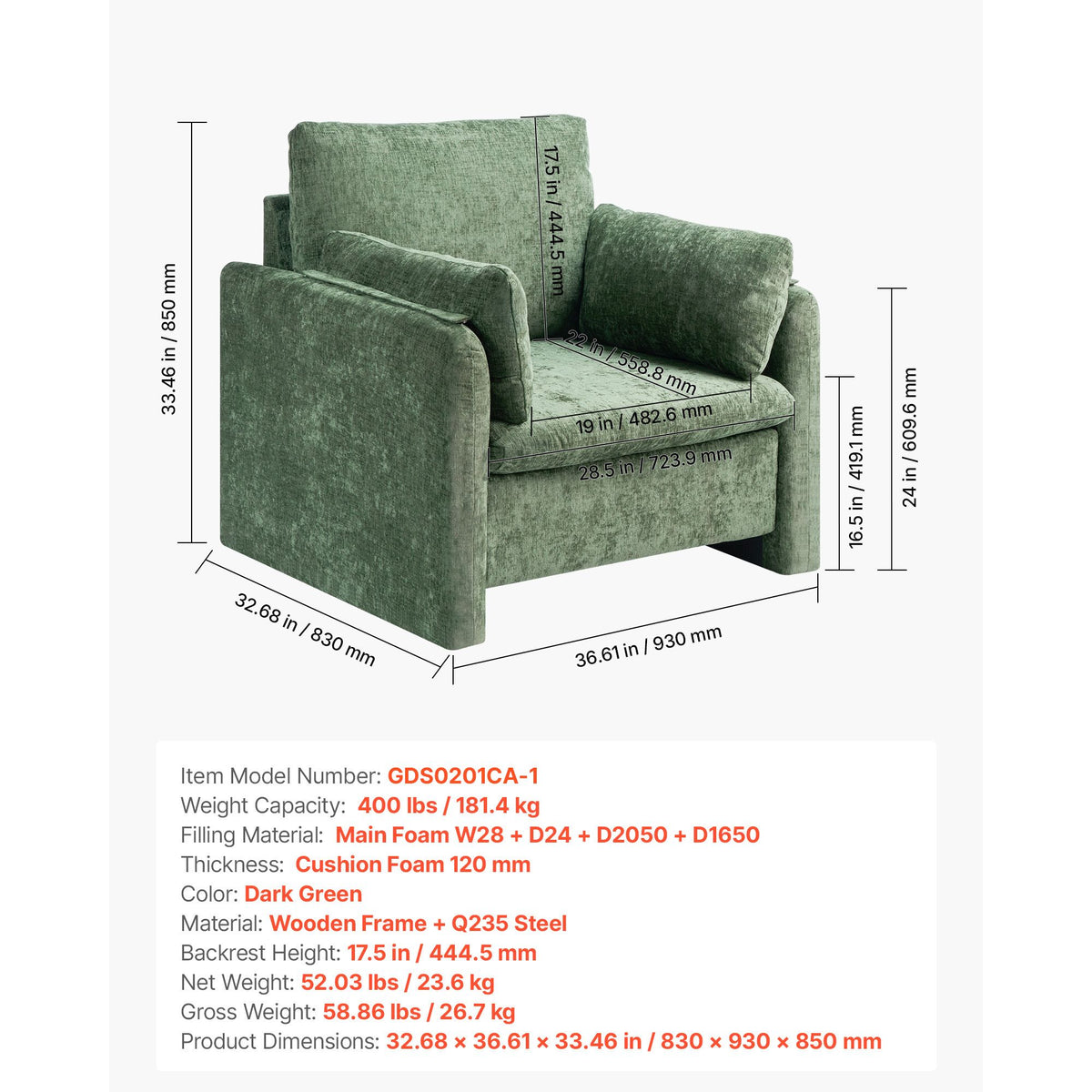 Green Accent Chair, Modern Upholstered Accent Chair with Armrests, Cloth Arm Chairs with Thick Cushion and Arched Backrest, Single Fabric Armchair for Living Room, Bedroom, Study, Office