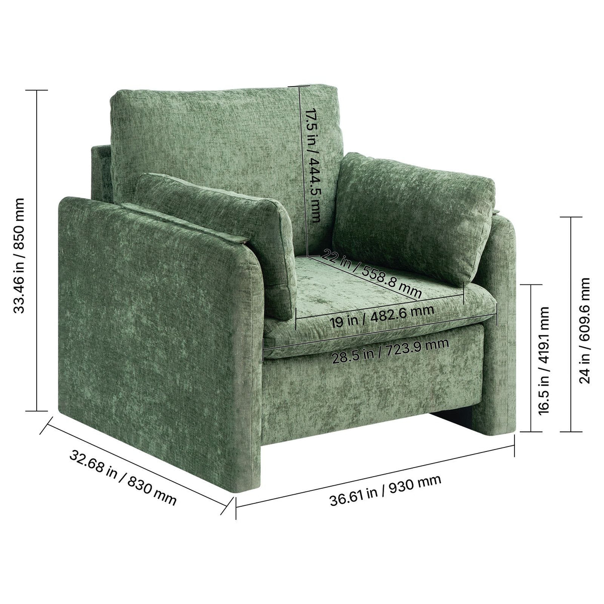 Green Accent Chair, Modern Upholstered Accent Chair with Armrests, Cloth Arm Chairs with Thick Cushion and Arched Backrest, Single Fabric Armchair for Living Room, Bedroom, Study, Office