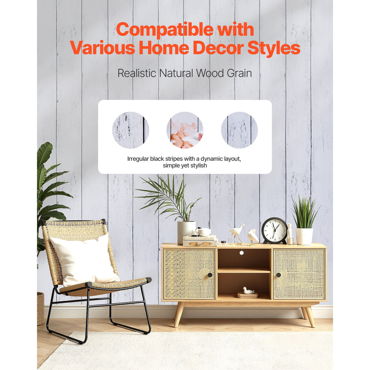 Peel and Stick Wallpaper, 45cm x 12m Contact Paper White Wood Textured Waterpoof Self Adhesive, Easy to Clean & Peel Wall Decorative Vinyl Roll for Bedroom Kitchen Office Bathroom Desk