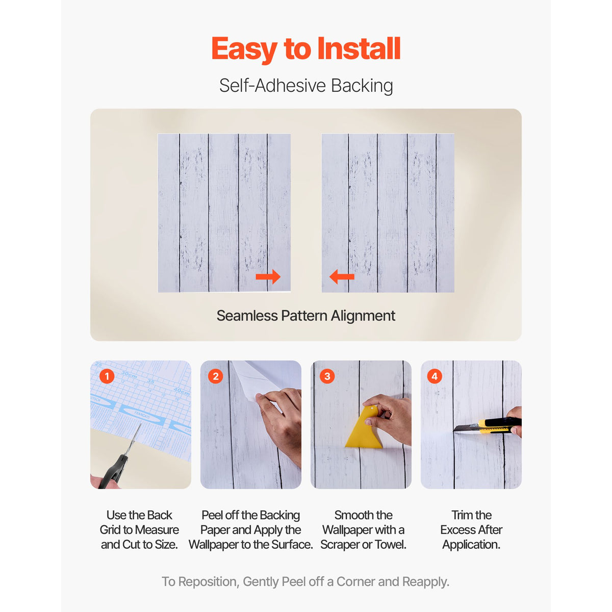Peel and Stick Wallpaper, 45cm x 12m Contact Paper White Wood Textured Waterpoof Self Adhesive, Easy to Clean & Peel Wall Decorative Vinyl Roll for Bedroom Kitchen Office Bathroom Desk