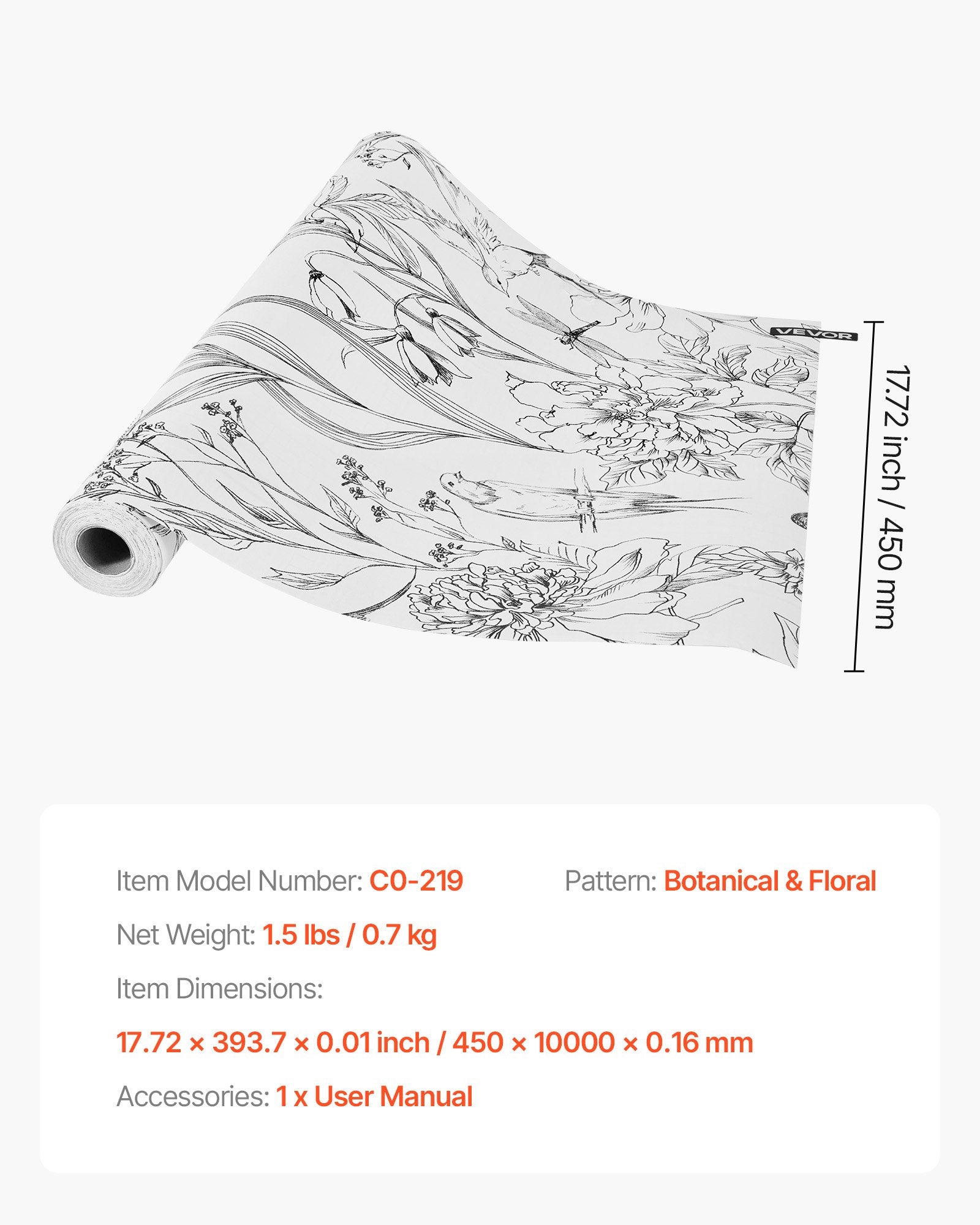 Dog Collars, Leads & Harnesses: VEVOR Peel and Stick Wallpaper, 45cm x 10m Contact Paper White Line Art Botanical Floral Waterpoof Self Adhesive, Easy to Clean Wall Decorative Vinyl Roll for Bedroom Kitchen Office Bathroom