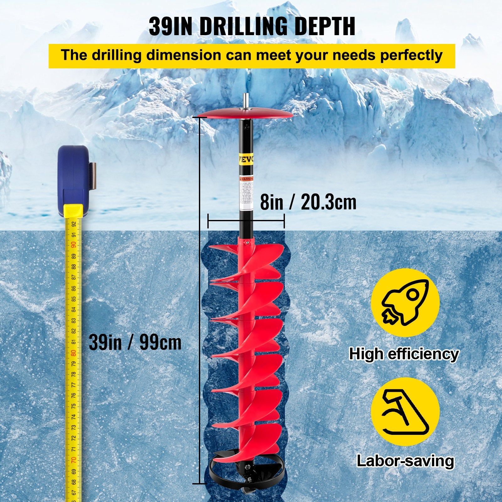 Ice Drill Auger, 8"" Diameter Nylon Ice Auger, 39"" Length Ice Auger Bit,Auger Drill with 11.8"" Extension Rod,Auger Bit with Drill Adapter,Top Plate & Blade Guard for Ice Fishing Ice Burrowing