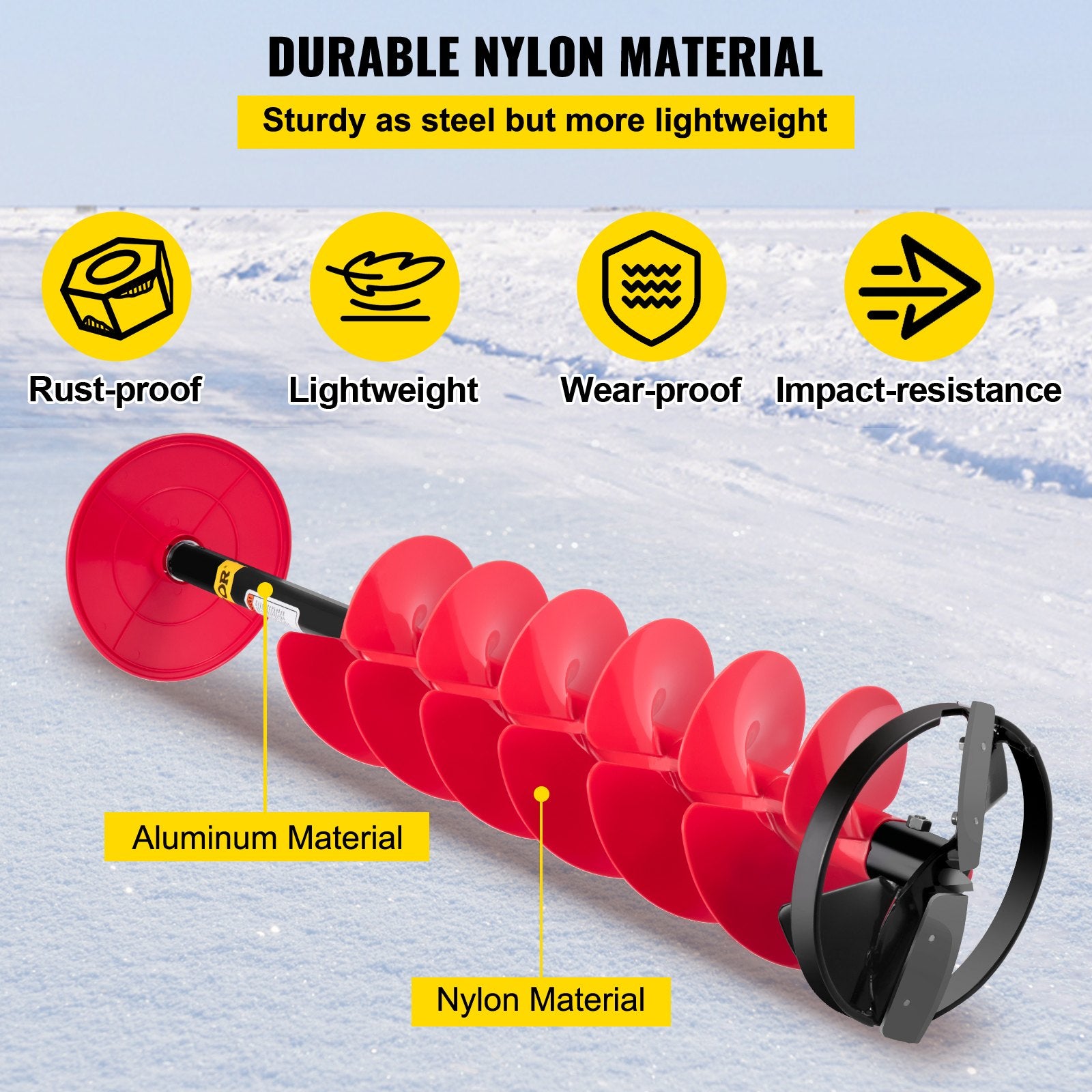 Ice Drill Auger, 8"" Diameter Nylon Ice Auger, 39"" Length Ice Auger Bit,Auger Drill with 11.8"" Extension Rod,Auger Bit with Drill Adapter,Top Plate & Blade Guard for Ice Fishing Ice Burrowing