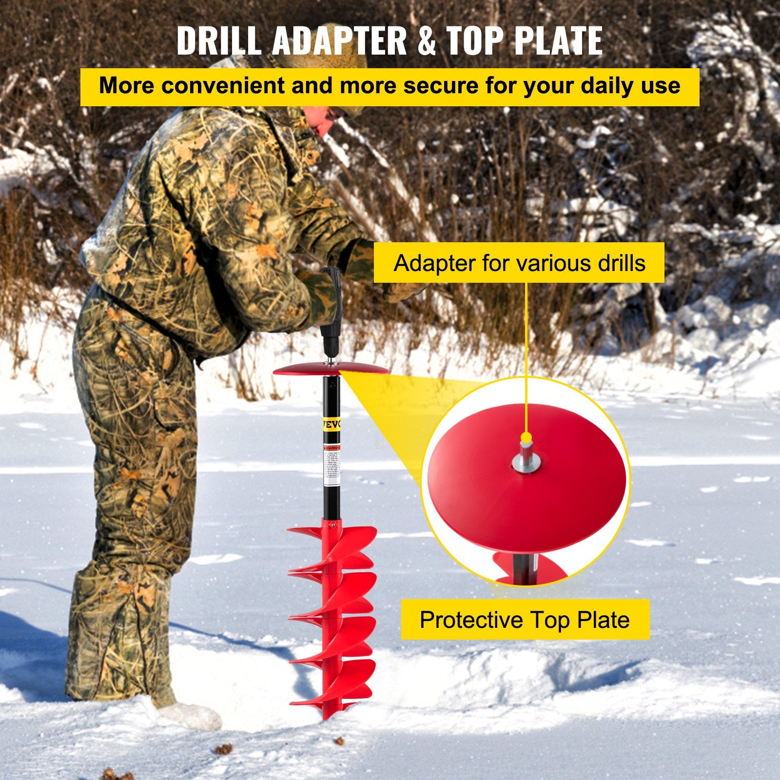 Ice Drill Auger, 8"" Diameter Nylon Ice Auger, 39"" Length Ice Auger Bit,Auger Drill with 11.8"" Extension Rod,Auger Bit with Drill Adapter,Top Plate & Blade Guard for Ice Fishing Ice Burrowing