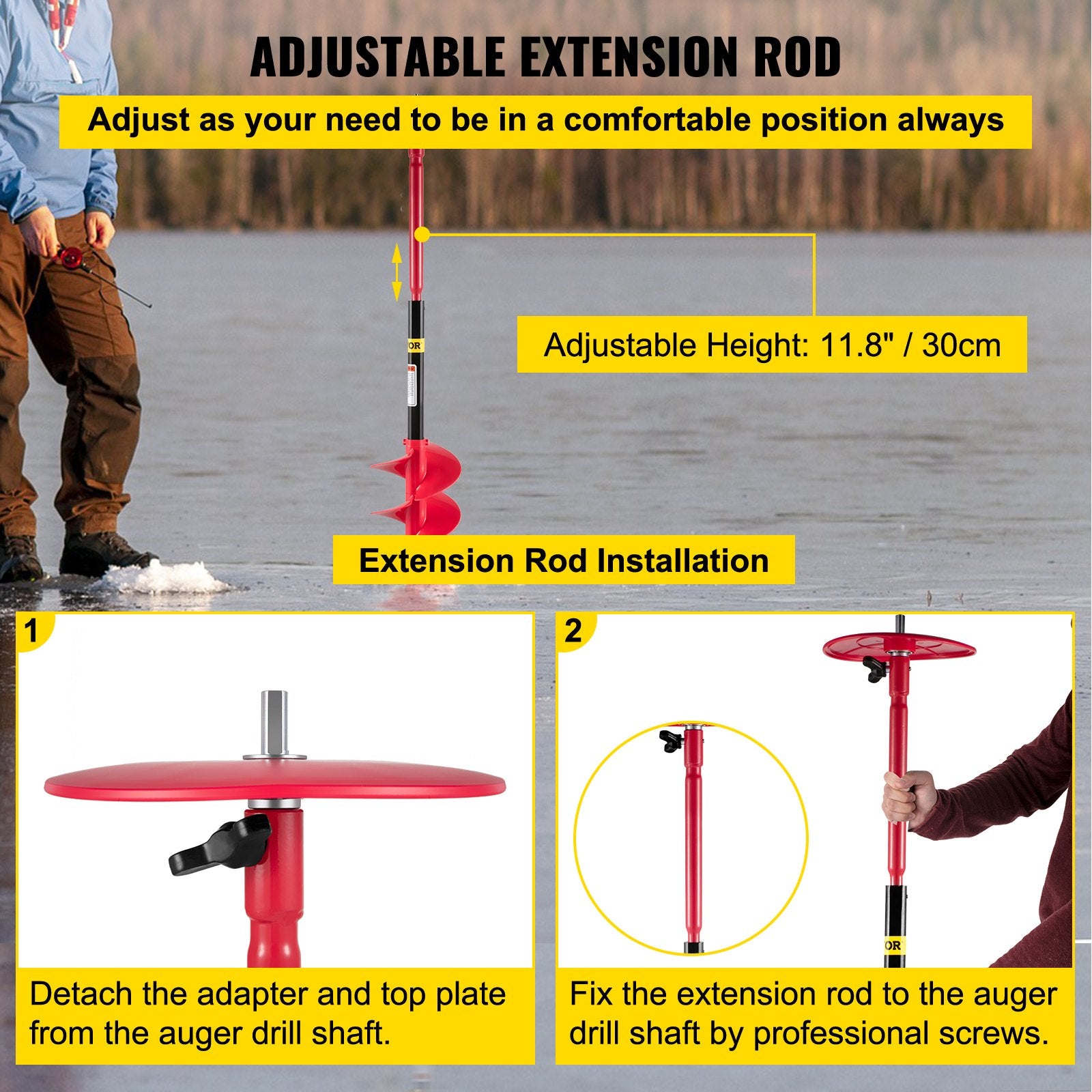 Ice Drill Auger, 8"" Diameter Nylon Ice Auger, 39"" Length Ice Auger Bit,Auger Drill with 11.8"" Extension Rod,Auger Bit with Drill Adapter,Top Plate & Blade Guard for Ice Fishing Ice Burrowing