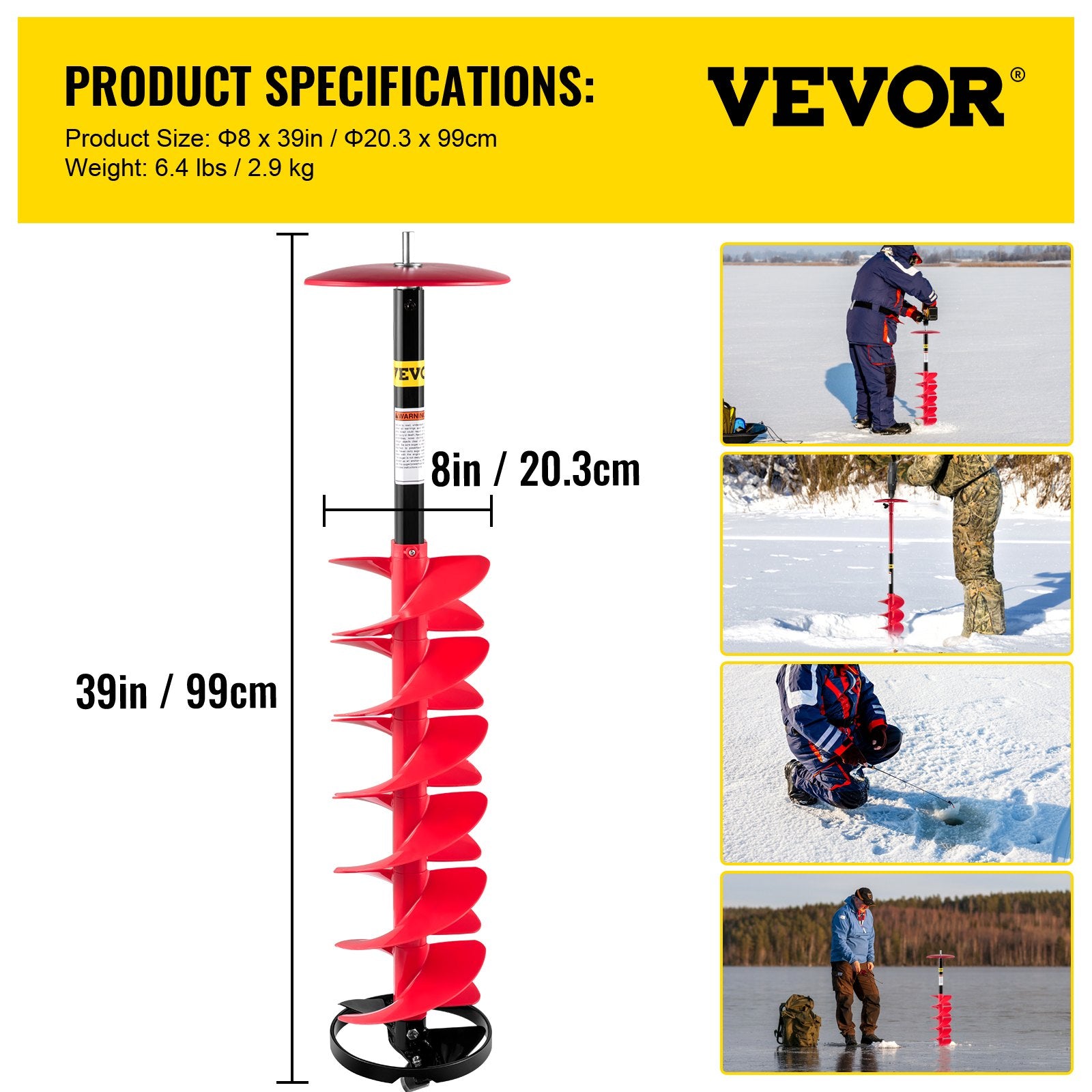Ice Drill Auger, 8"" Diameter Nylon Ice Auger, 39"" Length Ice Auger Bit,Auger Drill with 11.8"" Extension Rod,Auger Bit with Drill Adapter,Top Plate & Blade Guard for Ice Fishing Ice Burrowing