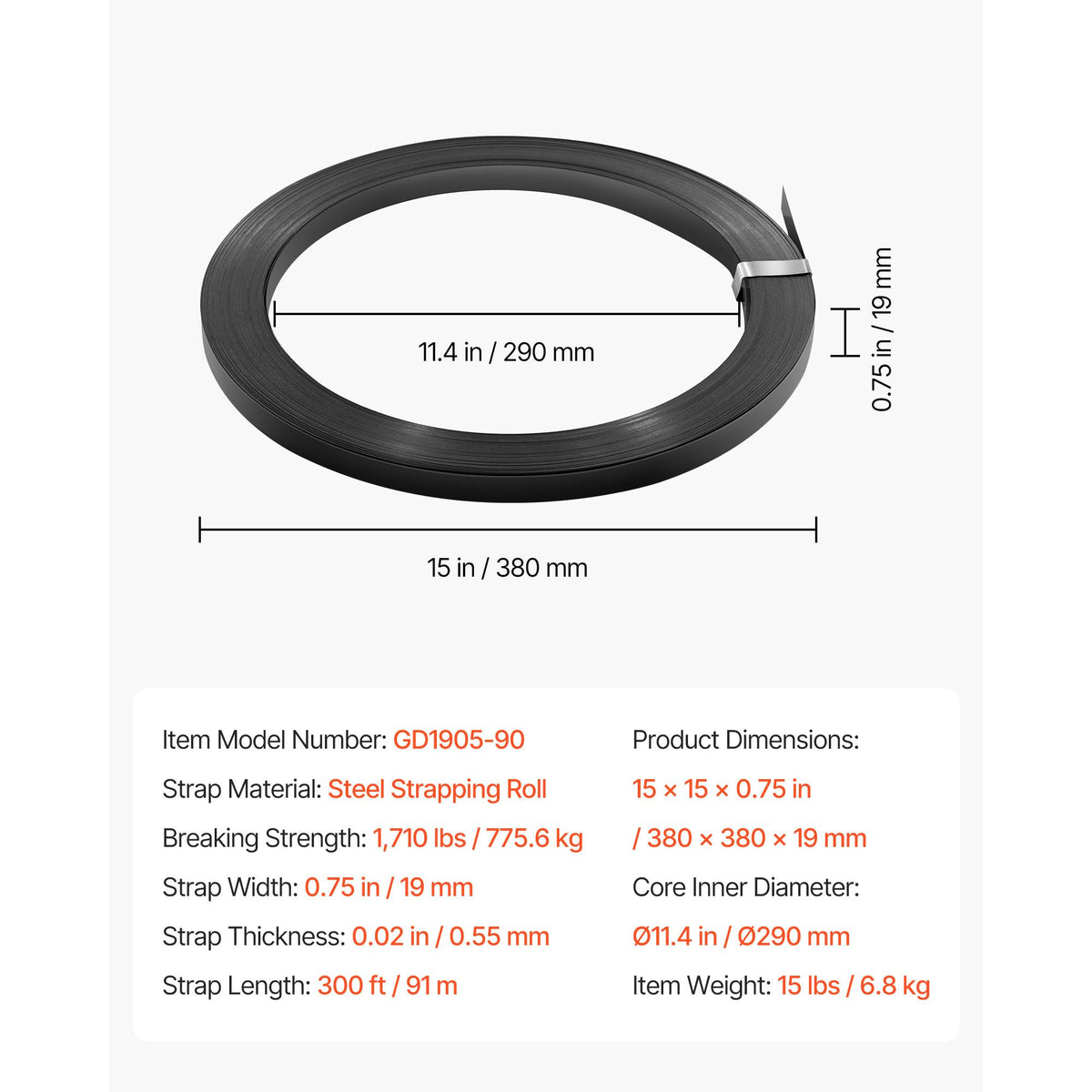 Steel Strapping Coil, 19 mm x 0.55 mm x 91 m, Metal Strapping Banding Roll Withstands Harsh Environment, 775.6 kg Break Strength, Heavy Duty Banding Pallet Strap Coil for Pallet Packing