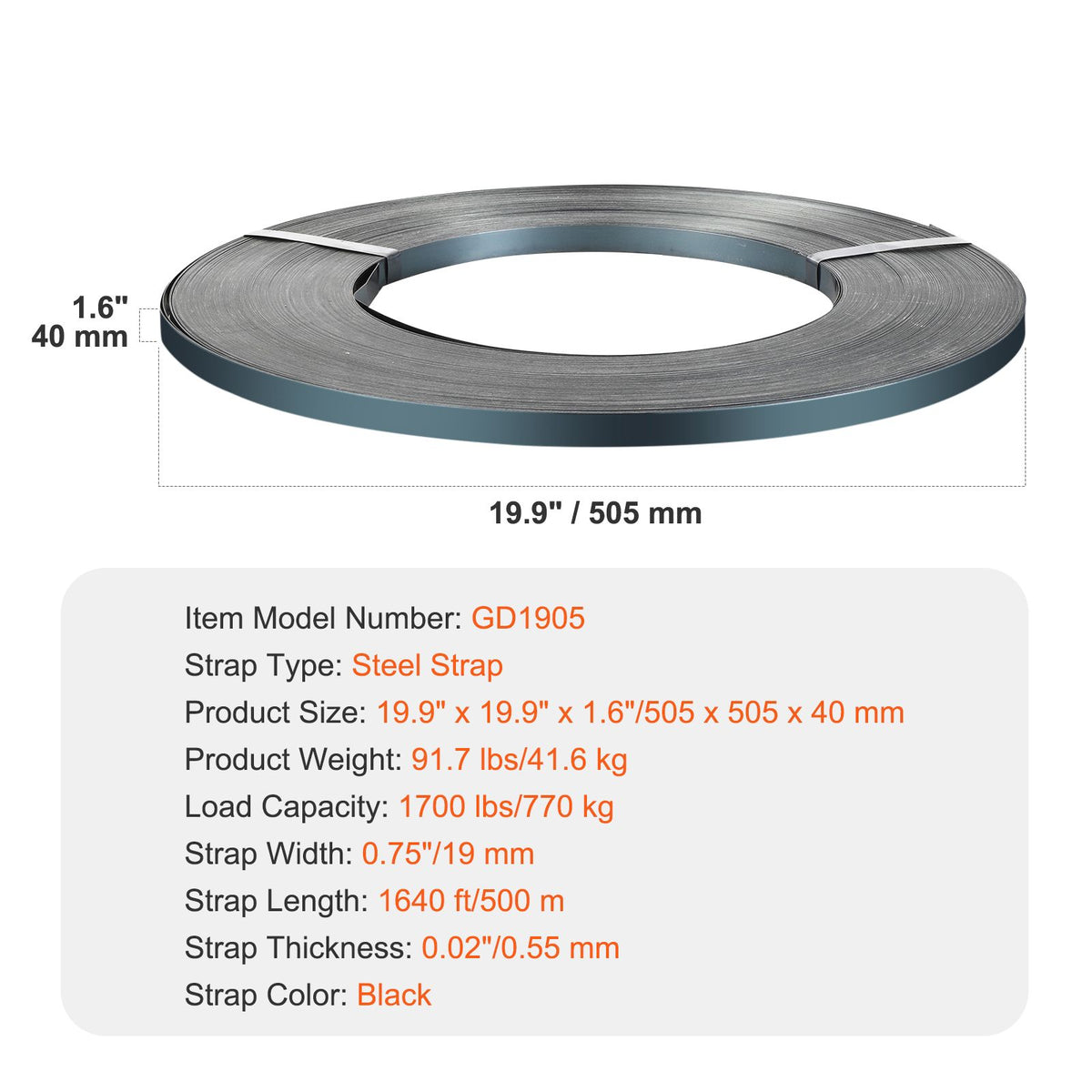 Packaging Steel Strapping Roll, 500 m Length x 19 mm Width x 0.55 mm Thickness, 770 kg Break Strength, Heavy Duty Banding Pallet Strap Coil, Portable Strong Banding Packing Metal Straps, Black