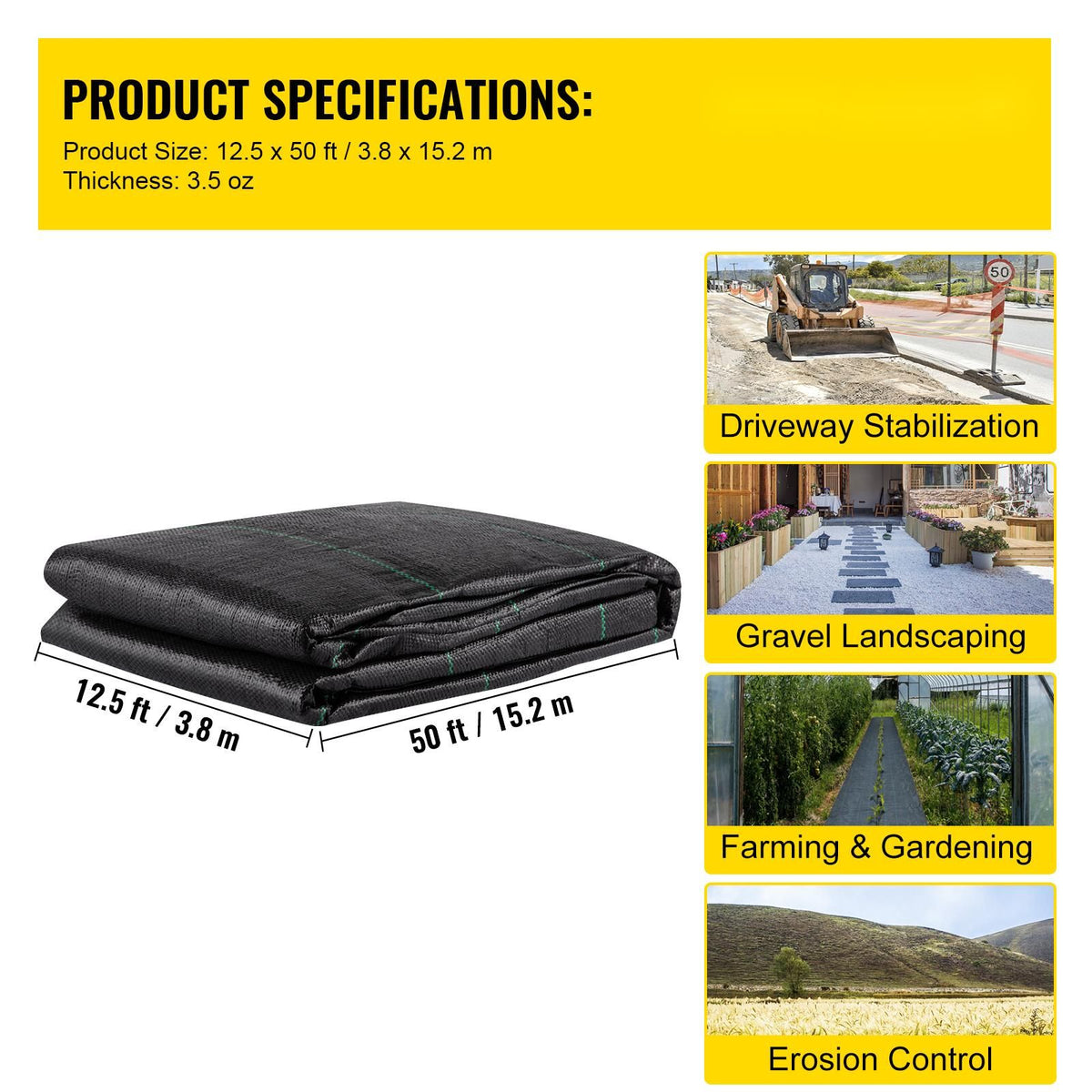 Geotextile Fabric, 3.8 x 15.2 m 3.5oz Woven PP Driveway Drain Cloth with 600lbs Tensile Strength, Heavy Duty Underlayment for Soil Stabilization, Landscaping, Weed Barrier,