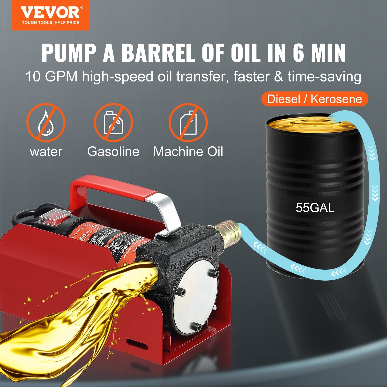 Fuel & Exhaust: VEVOR Fuel Transfer Pump, 12V DC, 10 GPM, 8 m Lift, Portable Electric Diesel Transfer Extractor Pump Kit with Automatic Shut-off Nozzle, Delivery & Suction Hose for Diesel, Kerosene, Transformer Oil