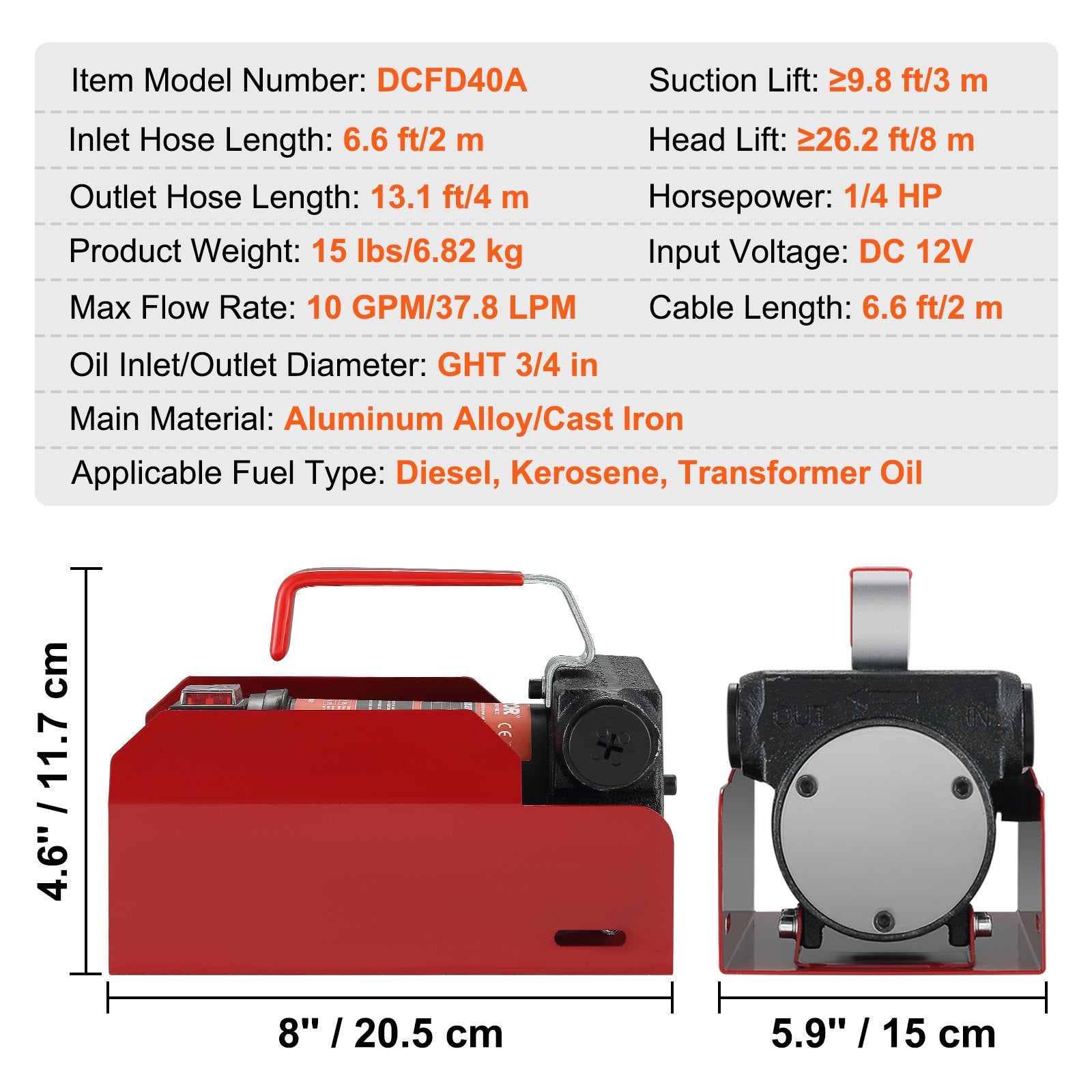 Fuel & Exhaust: VEVOR Fuel Transfer Pump, 12V DC, 10 GPM, 8 m Lift, Portable Electric Diesel Transfer Extractor Pump Kit with Automatic Shut-off Nozzle, Delivery & Suction Hose for Diesel, Kerosene, Transformer Oil