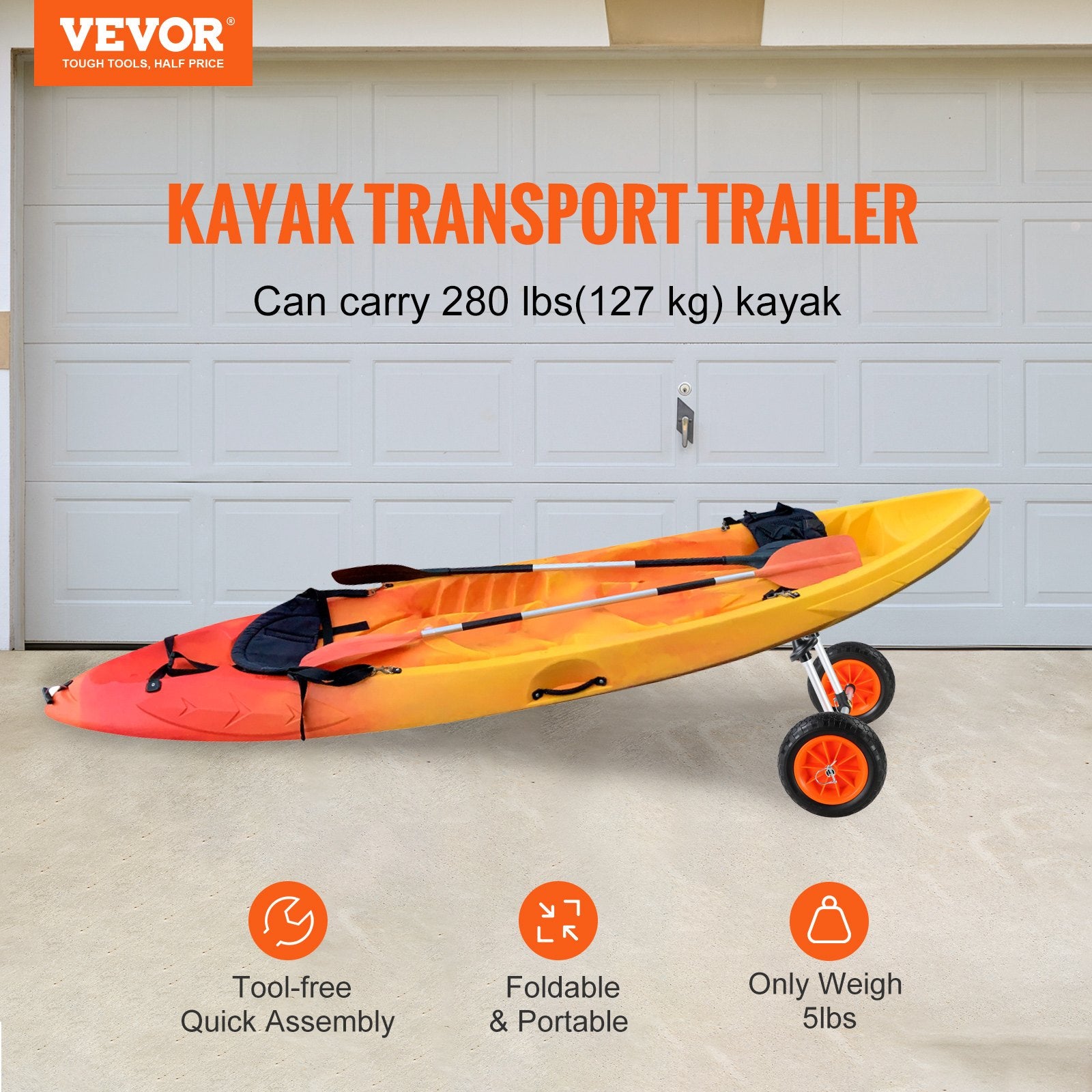 Boating Accessories: VEVOR Adjustable Kayak Cart Canoe Boat Carrier 280lbs Load with 10'' Solid Tires