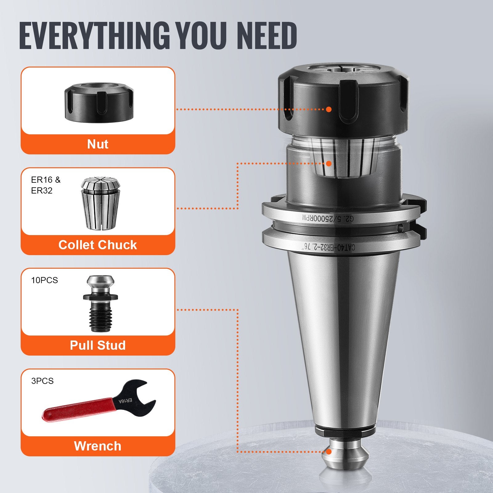 Tool Clamps & Vices: VEVOR CAT40 Collet Holder ER 16/32 Collet Set, 35 PCs, SLN FMB ER16/32 APU Tool Holders Spring Steel Collet Chucks with 10 Pull Studs and 3 Wrenches, for Milling Machine Drill Presses Boring Machine