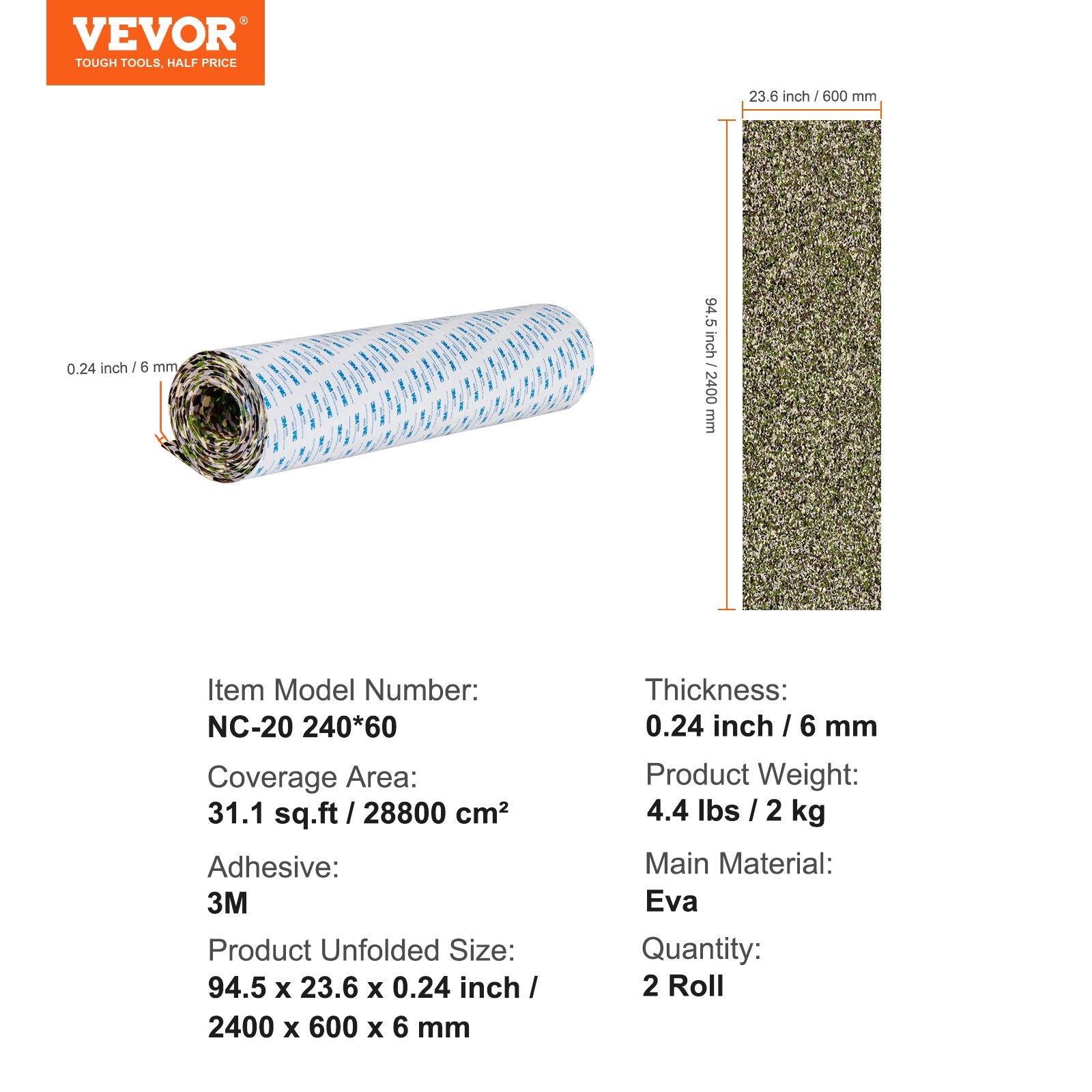 Boating Accessories: VEVOR Boat Flooring, EVA Foam Boat Decking 94.5" x 23.6", Non-Slip Self-Adhesive Flooring, 31.1sq.ft 2 Rolls of Marine Carpet for Boats, Yacht, Pontoon, Kayak Decking