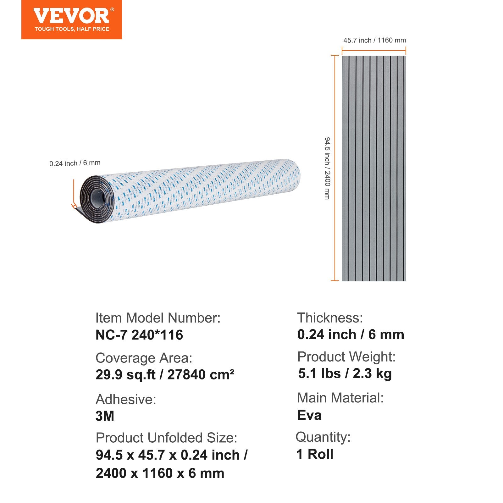 Boating Accessories: VEVOR Boat Flooring, EVA Foam Boat Decking 94.5" x 45.7", Non-Slip Self-Adhesive Flooring, 29.9 sq.ft Marine Carpet for Boats, Yacht, Pontoon, Kayak Decking