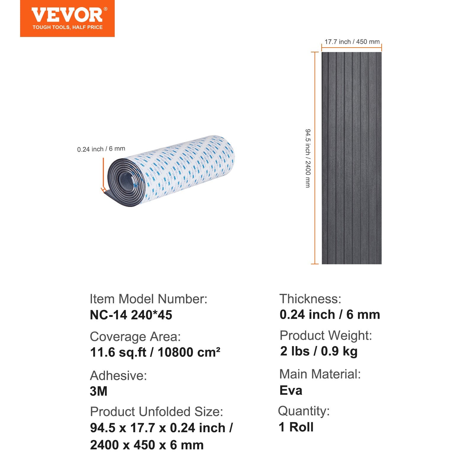 Boating Accessories: VEVOR Boat Flooring, EVA Foam Boat Decking 94.5" x 17.7", Non-Slip Self-Adhesive Flooring, 11.6 sq.ft Marine Carpet for Boats, Yacht, Pontoon, Kayak Decking