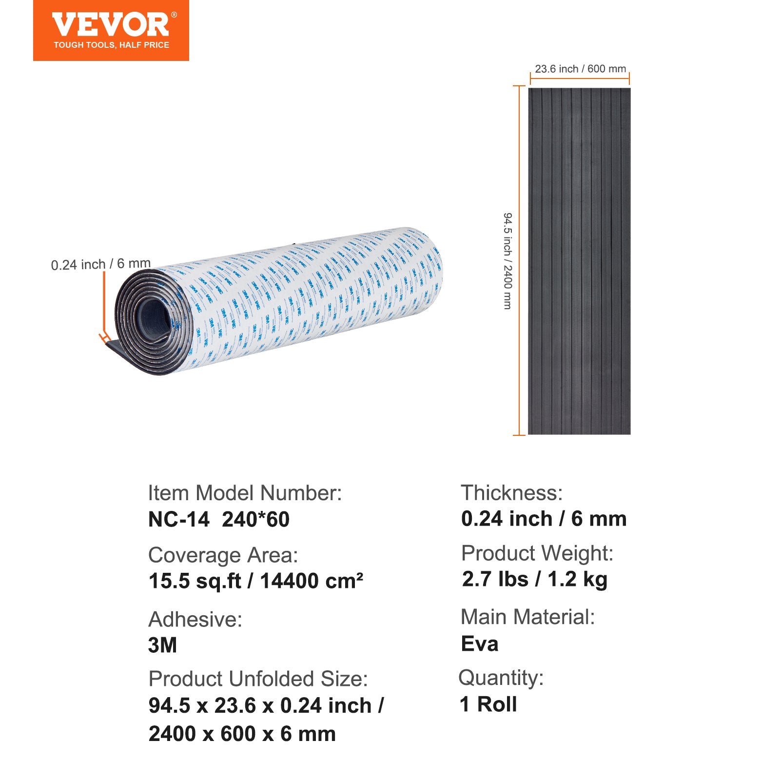 Boating Accessories: VEVOR Boat Flooring, EVA Foam Boat Decking 94.5" x 23.6", Non-Slip Self-Adhesive Flooring, 15.5 sq.ft Marine Carpet for Boats, Yacht, Pontoon, Kayak Decking